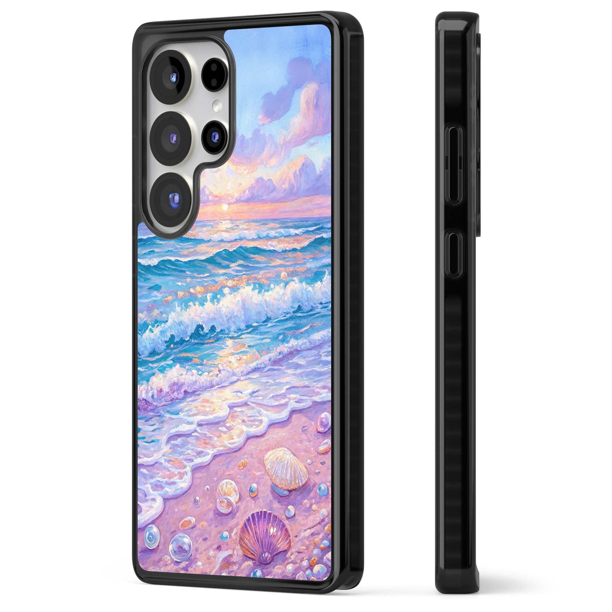 Pearl Shore coastal iPhone case featuring pastel painted waves, seashells, and a sunrise sky over a lavender beach. | Black Impact case for Samsung Galaxy S25 Ultra