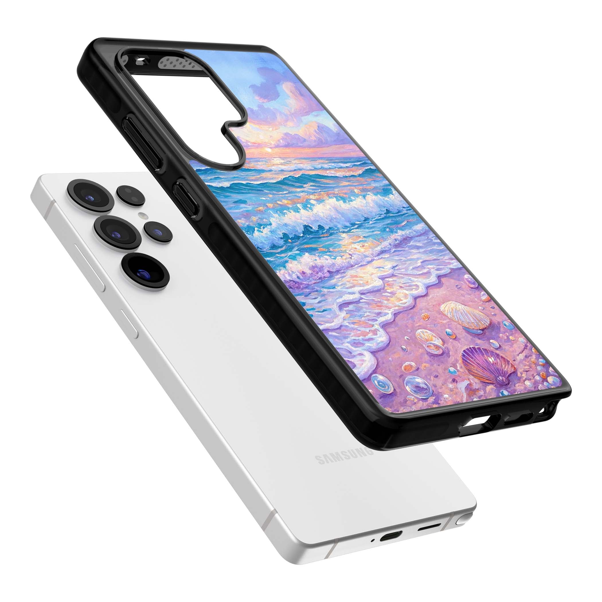 Pearl Shore coastal iPhone case featuring pastel painted waves, seashells, and a sunrise sky over a lavender beach. | Black Impact case for Samsung Galaxy S25 Ultra