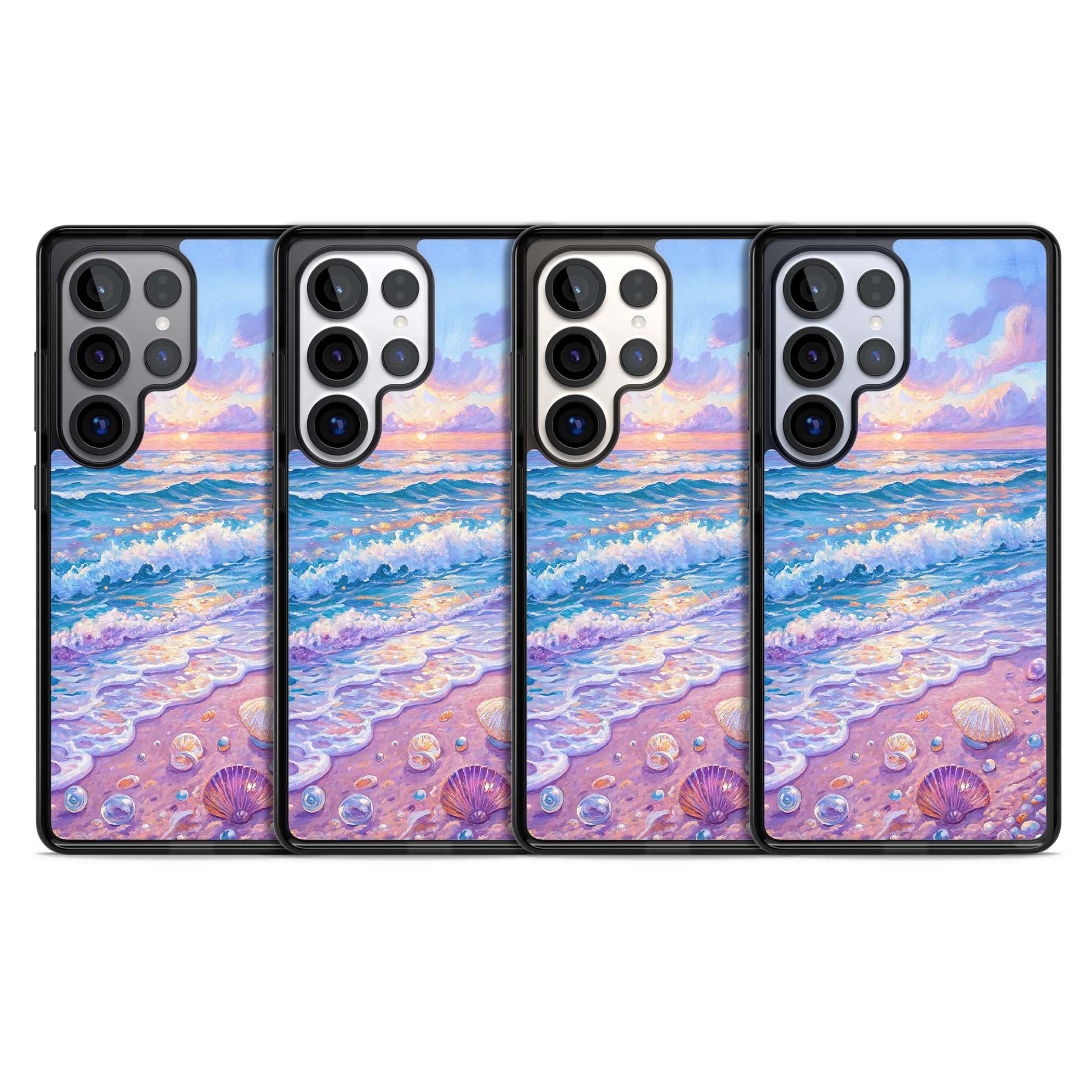 Pearl Shore coastal iPhone case featuring pastel painted waves, seashells, and a sunrise sky over a lavender beach. | Black Impact case for Samsung Galaxy S25 Ultra