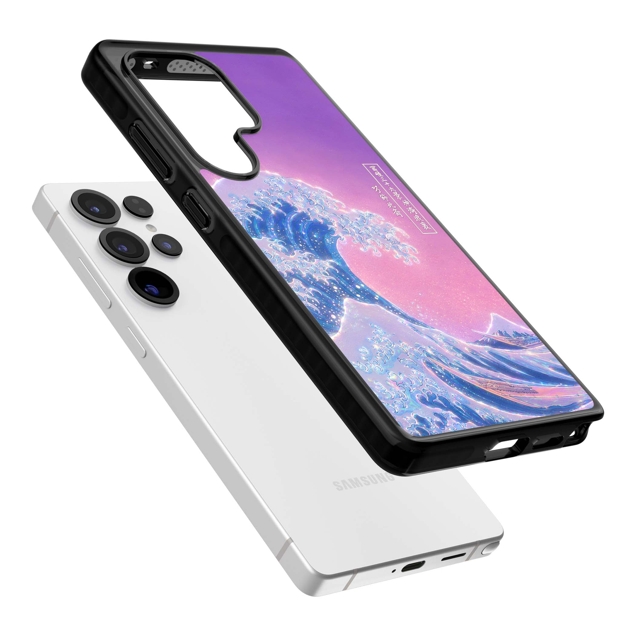 The Great Opal Wave Japanese iPhone case featuring Hokusai's great wave in iridescent pastels with lilac sky and Mou | Black Impact case for Samsung Galaxy S25 Ultra