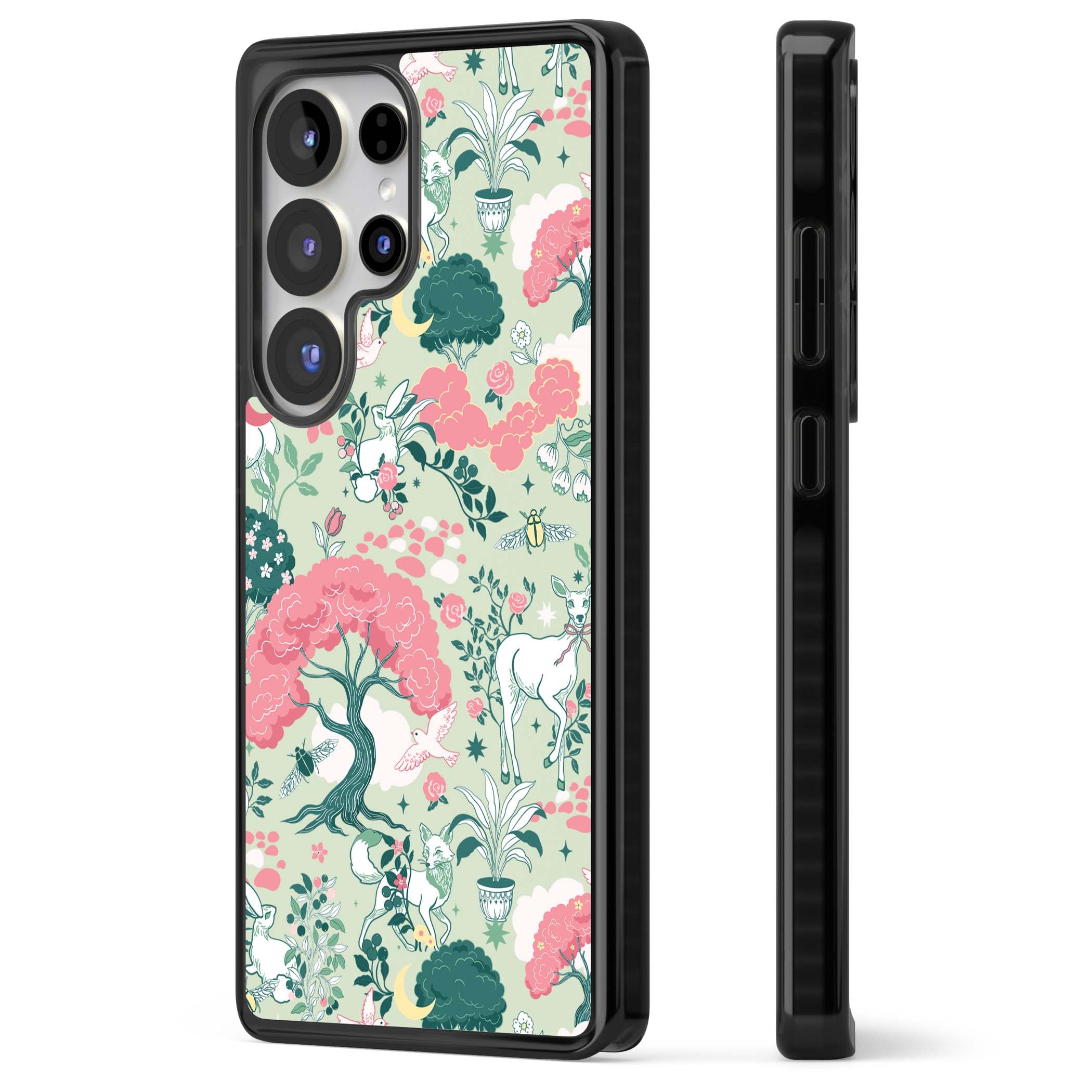 Enchanted Woodland cottagecore iPhone case featuring white deer, pink roses, mushrooms and woodland animals on sage green | Black Impact case for Samsung Galaxy S25 Ultra