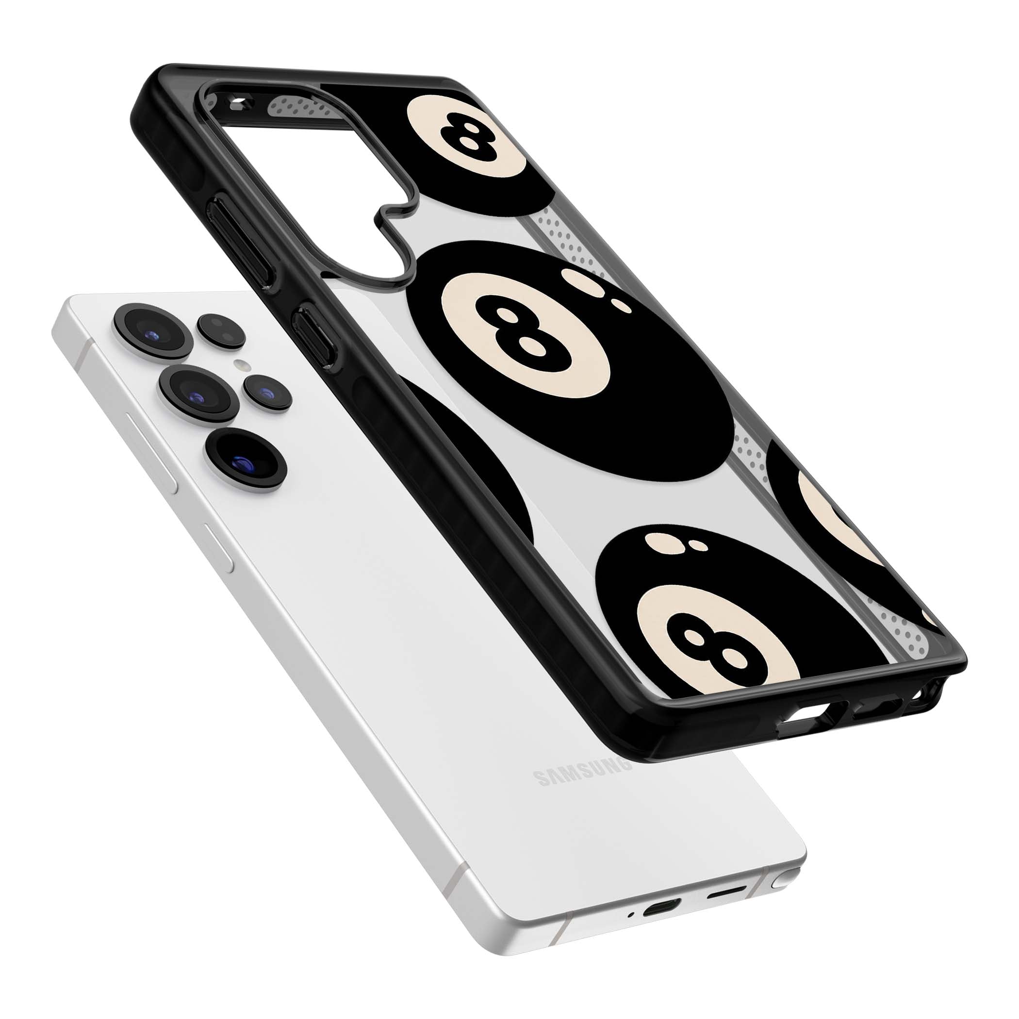 Eights y2k iPhone case featuring scattered black 8 balls with cream highlights on a clear background | Black Impact case for Samsung Galaxy S25 Ultra