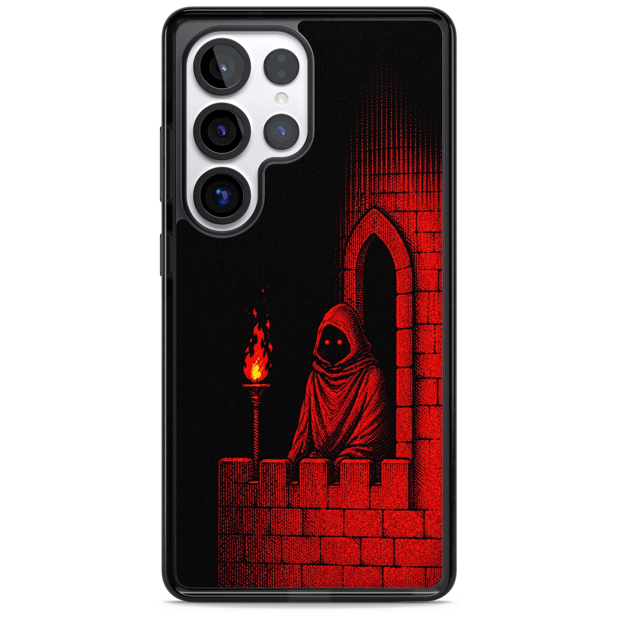 Crimson Crypt gothic iPhone case featuring a hooded reaper, torchlit crypt archway and red halftone horror art | Black Impact case for Samsung Galaxy S25 Ultra
