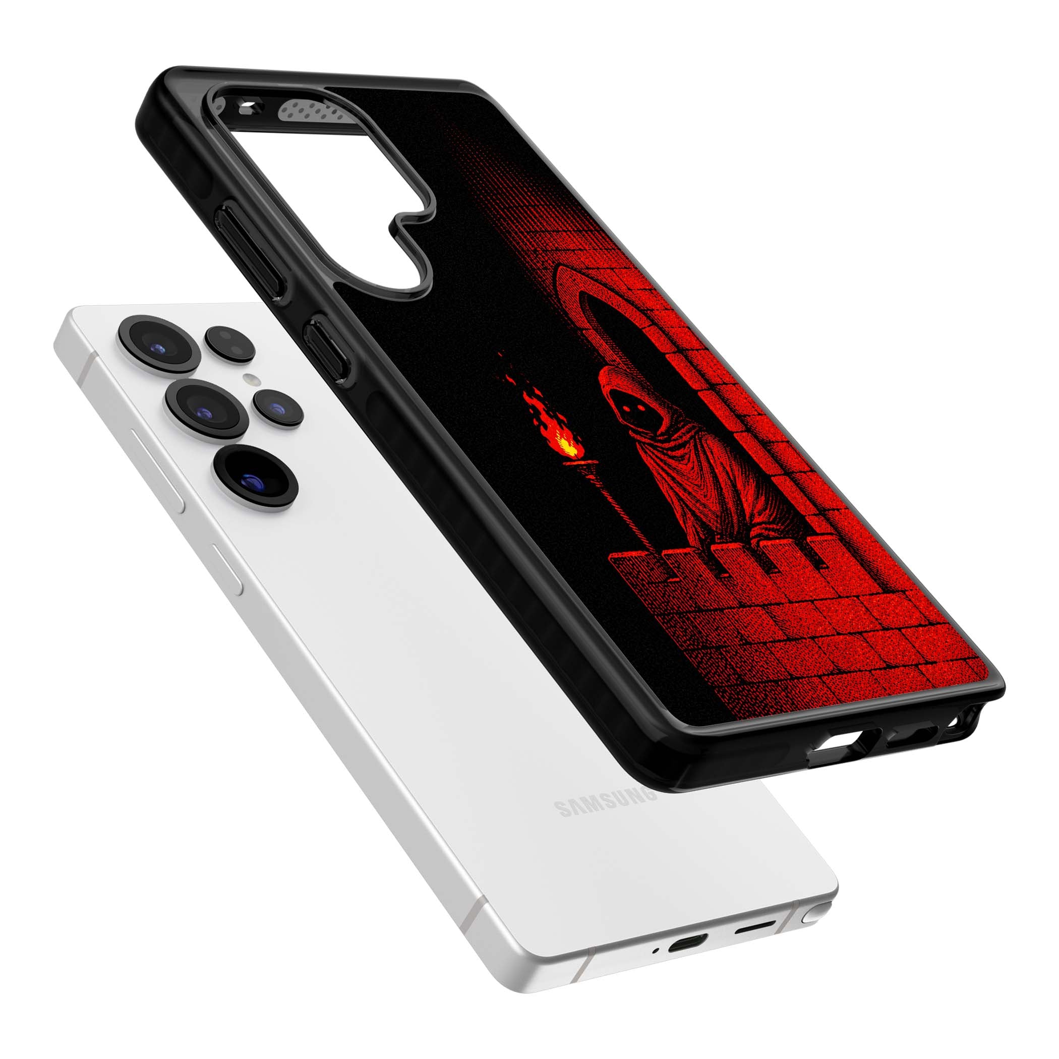 Crimson Crypt gothic iPhone case featuring a hooded reaper, torchlit crypt archway and red halftone horror art | Black Impact case for Samsung Galaxy S25 Ultra