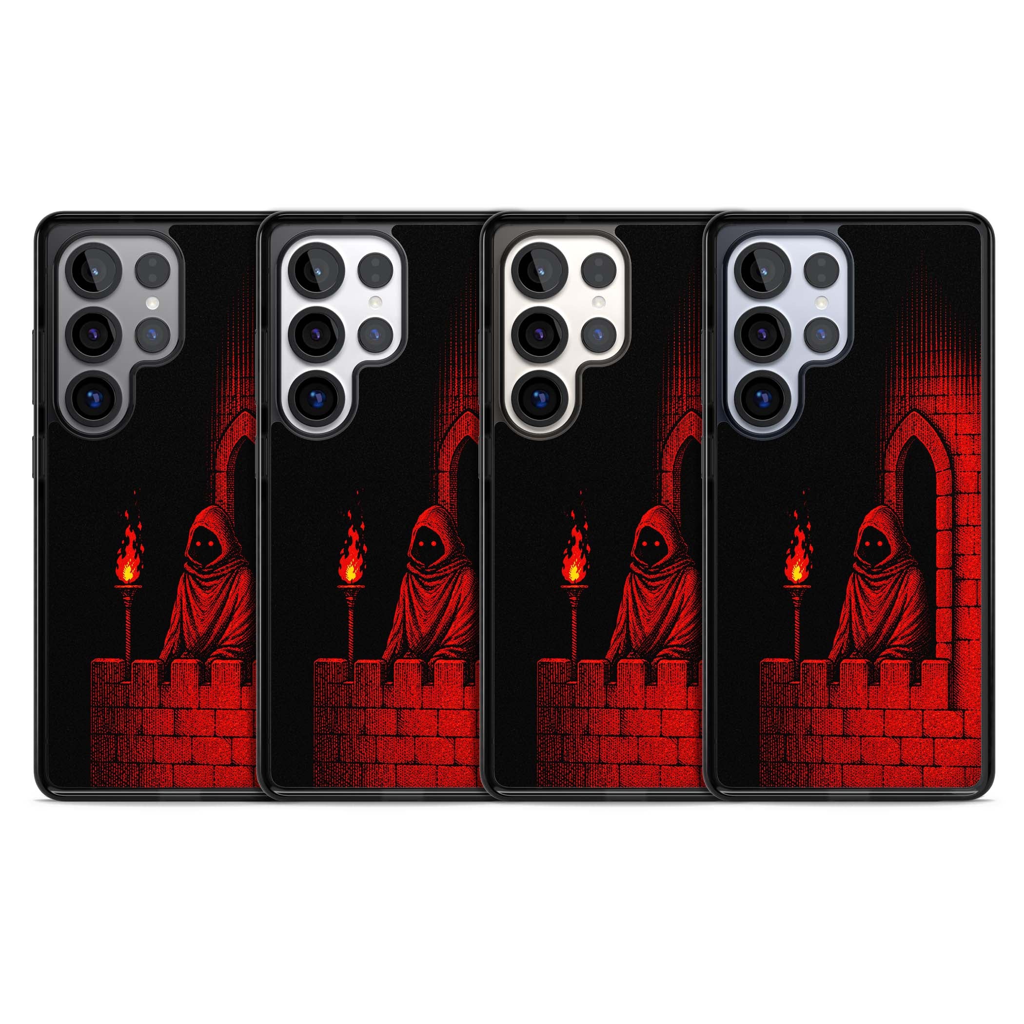 Crimson Crypt gothic iPhone case featuring a hooded reaper, torchlit crypt archway and red halftone horror art | Black Impact case for Samsung Galaxy S25 Ultra