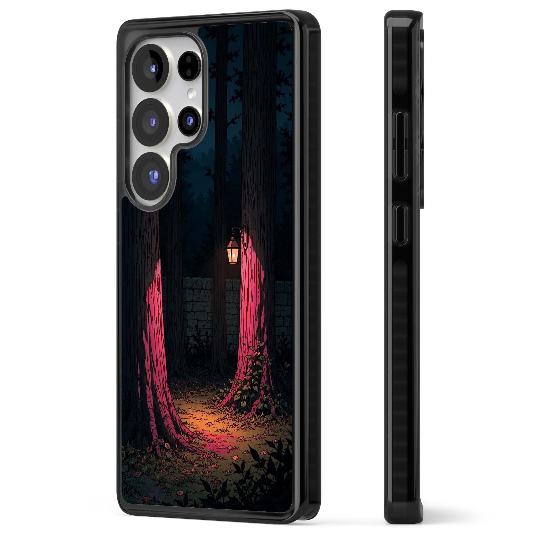 Forest Lantern dark academia iPhone case featuring a moonlit forest, glowing lantern, and stone wall pathway | Black Impact case for Samsung Galaxy S25 Ultra
