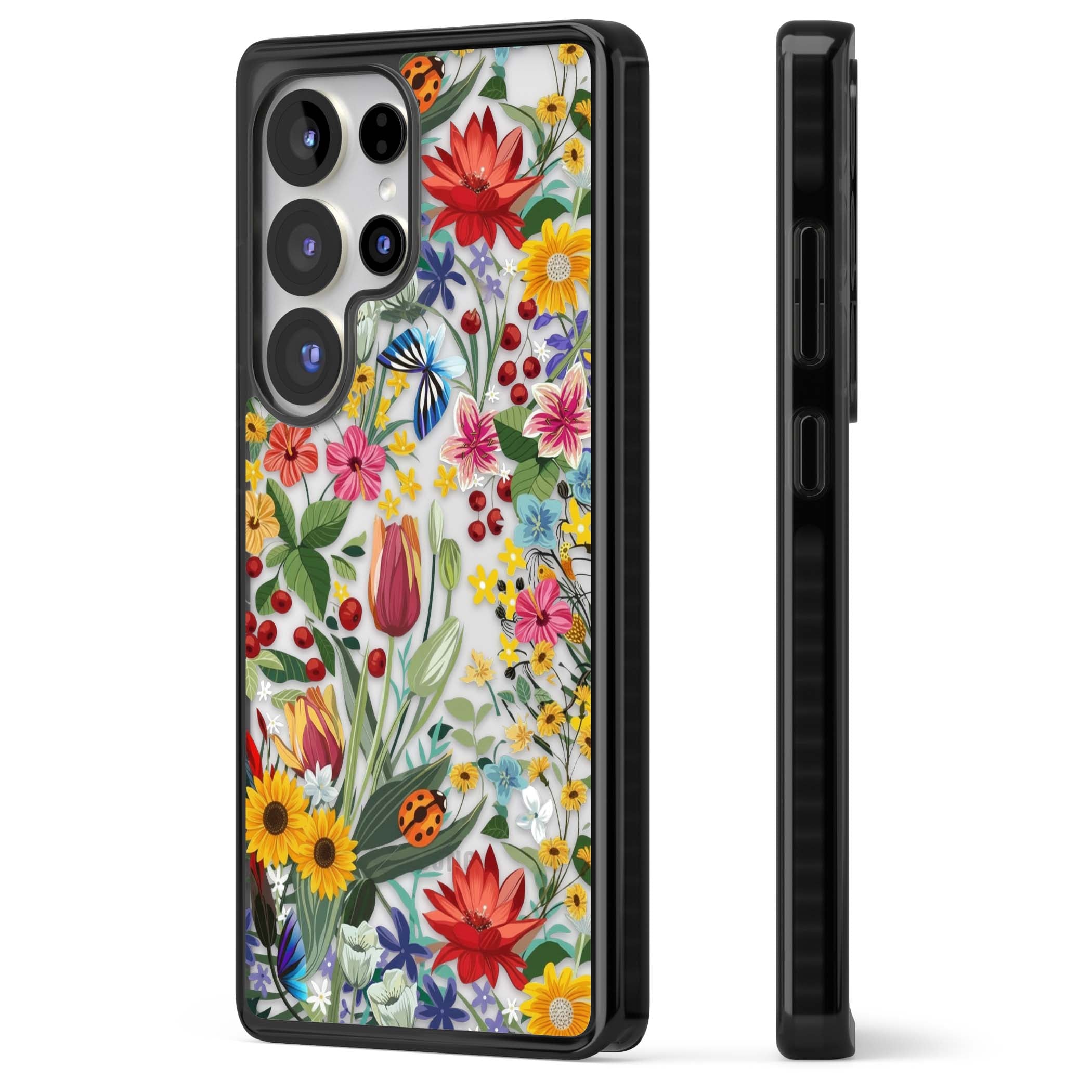 Botanical Bloom cottagecore iPhone case featuring colorful wildflowers, sunflowers, and ladybugs on clear background | Black Impact case for Samsung Galaxy S25 Ultra