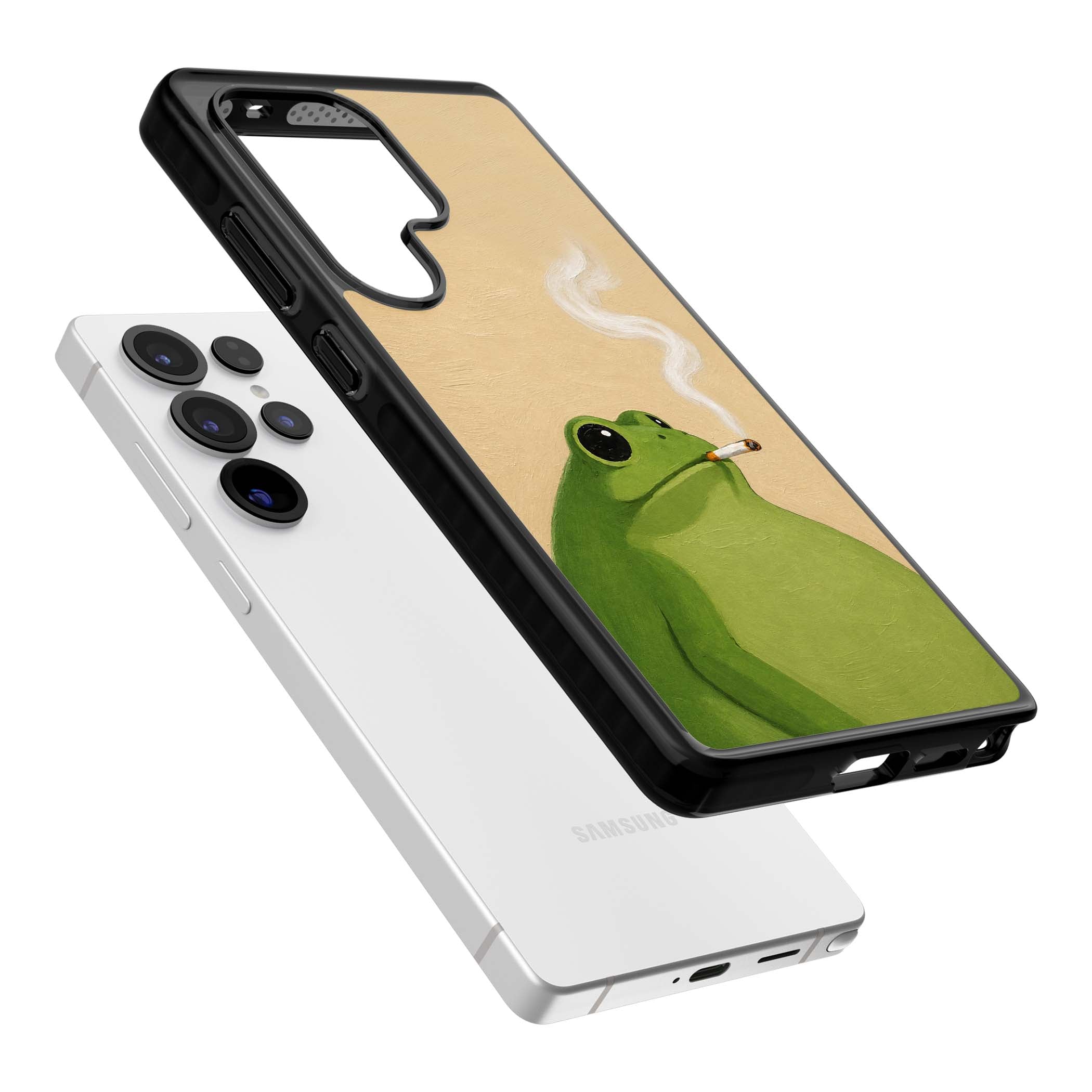 The Smoking Frog cottagecore iPhone case featuring a hand-painted green frog smoking a cigarette on a cream oil painting back | Black Impact case for Samsung Galaxy S25 Ultra