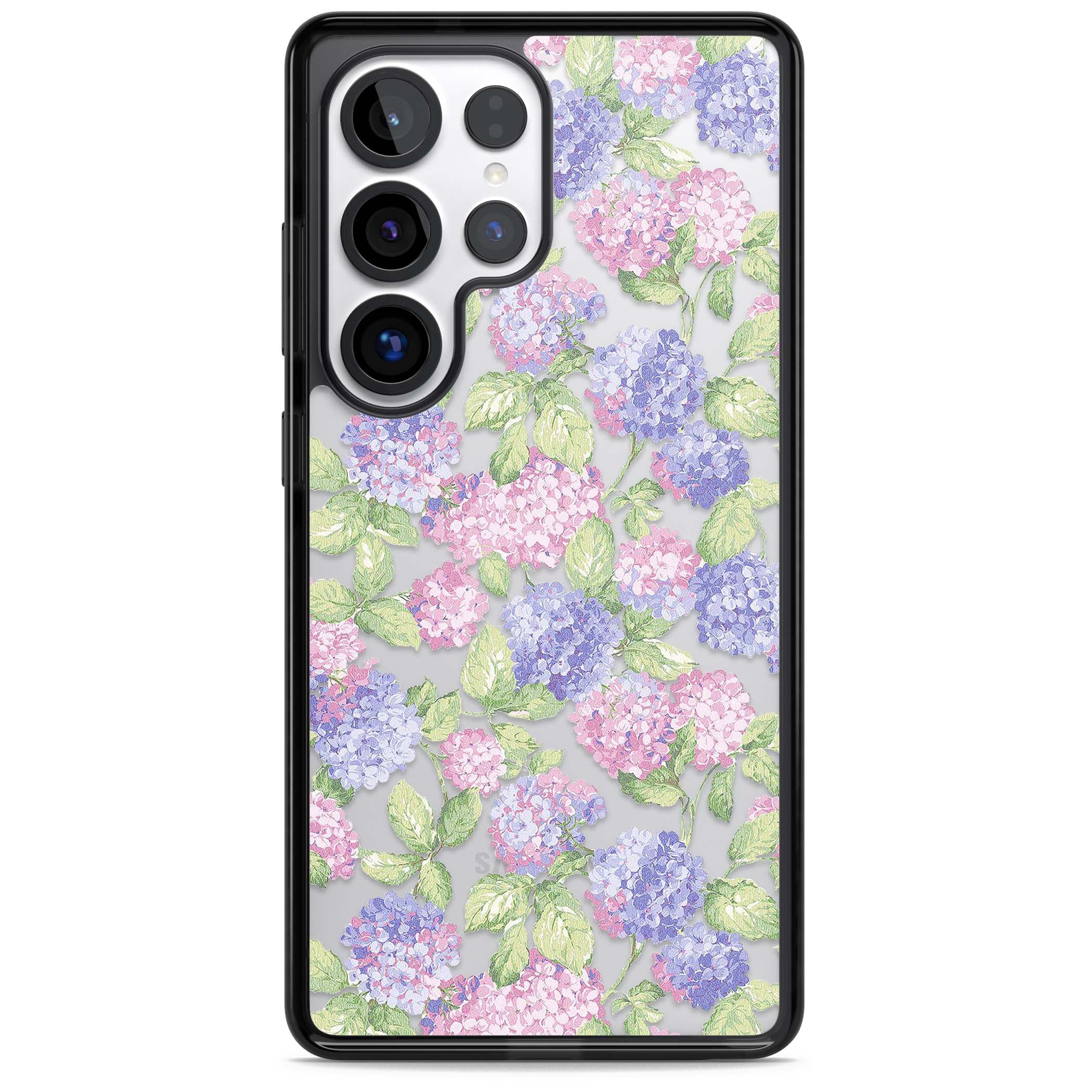 Cottage Hydrangea cottagecore iPhone case featuring pink and purple hydrangea blooms with green leaves on a clear background | Black Impact case for Samsung Galaxy S25 Ultra