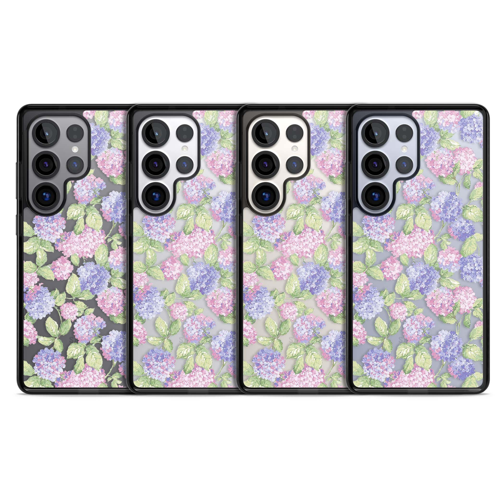 Cottage Hydrangea cottagecore iPhone case featuring pink and purple hydrangea blooms with green leaves on a clear background | Black Impact case for Samsung Galaxy S25 Ultra