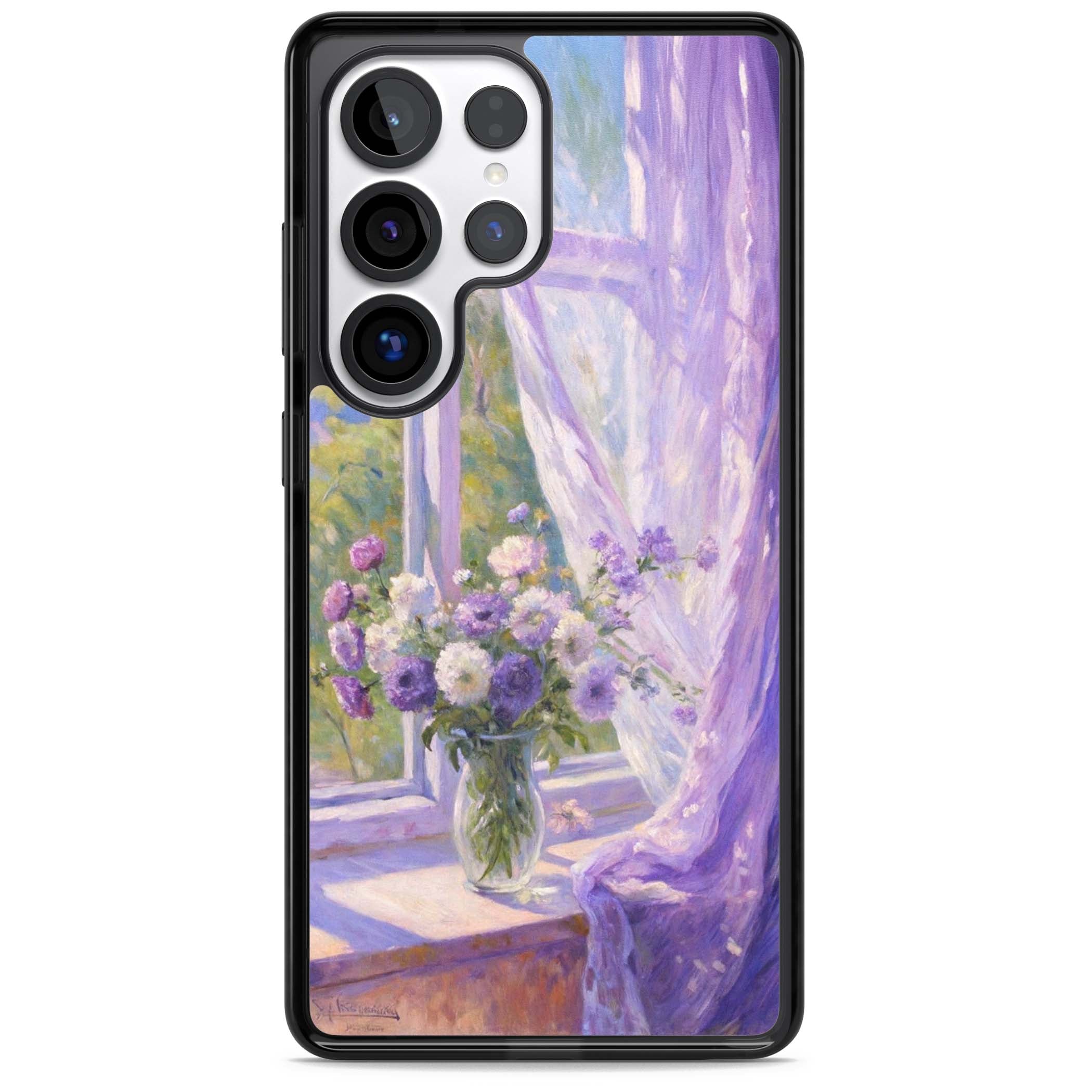 A Provence Morning impressionist art iPhone case featuring a vase of purple flowers, sunlit window and sheer curt | Black Impact case for Samsung Galaxy S25 Ultra