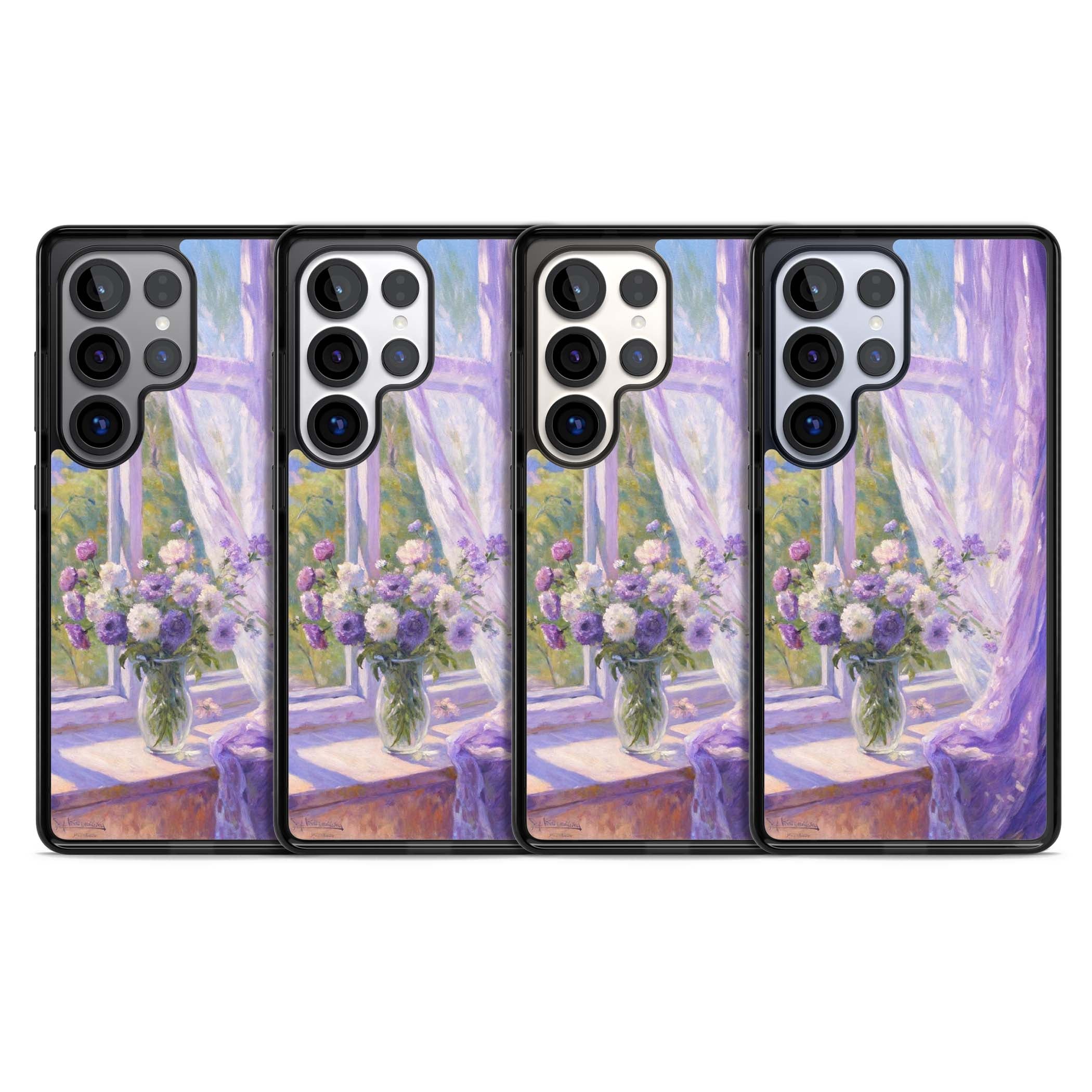 A Provence Morning impressionist art iPhone case featuring a vase of purple flowers, sunlit window and sheer curt | Black Impact case for Samsung Galaxy S25 Ultra