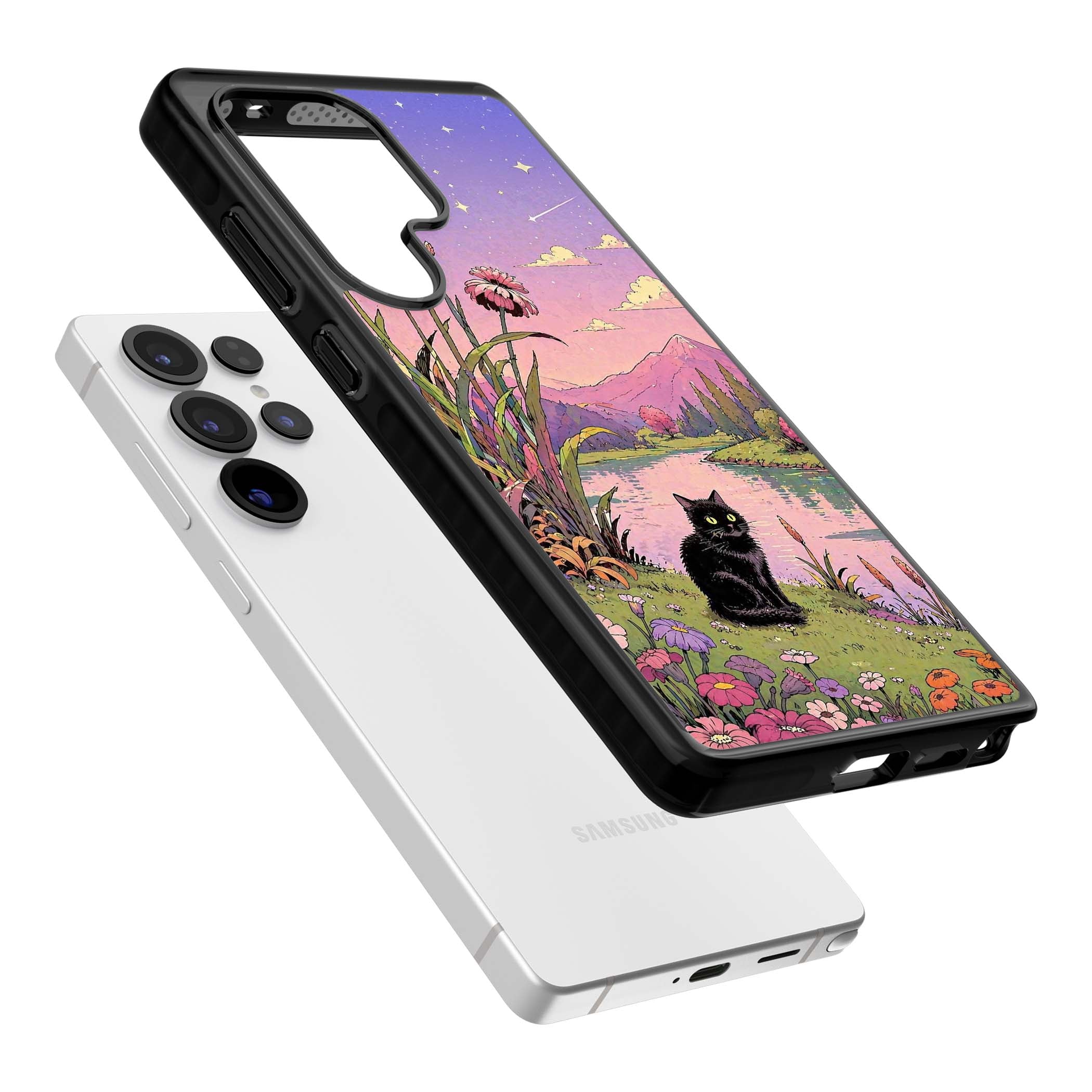 Mystic Whiskers ghibli iPhone case featuring a black cat by a pastel lake, wildflowers and a starry sunset sky | Black Impact case for Samsung Galaxy S25 Ultra