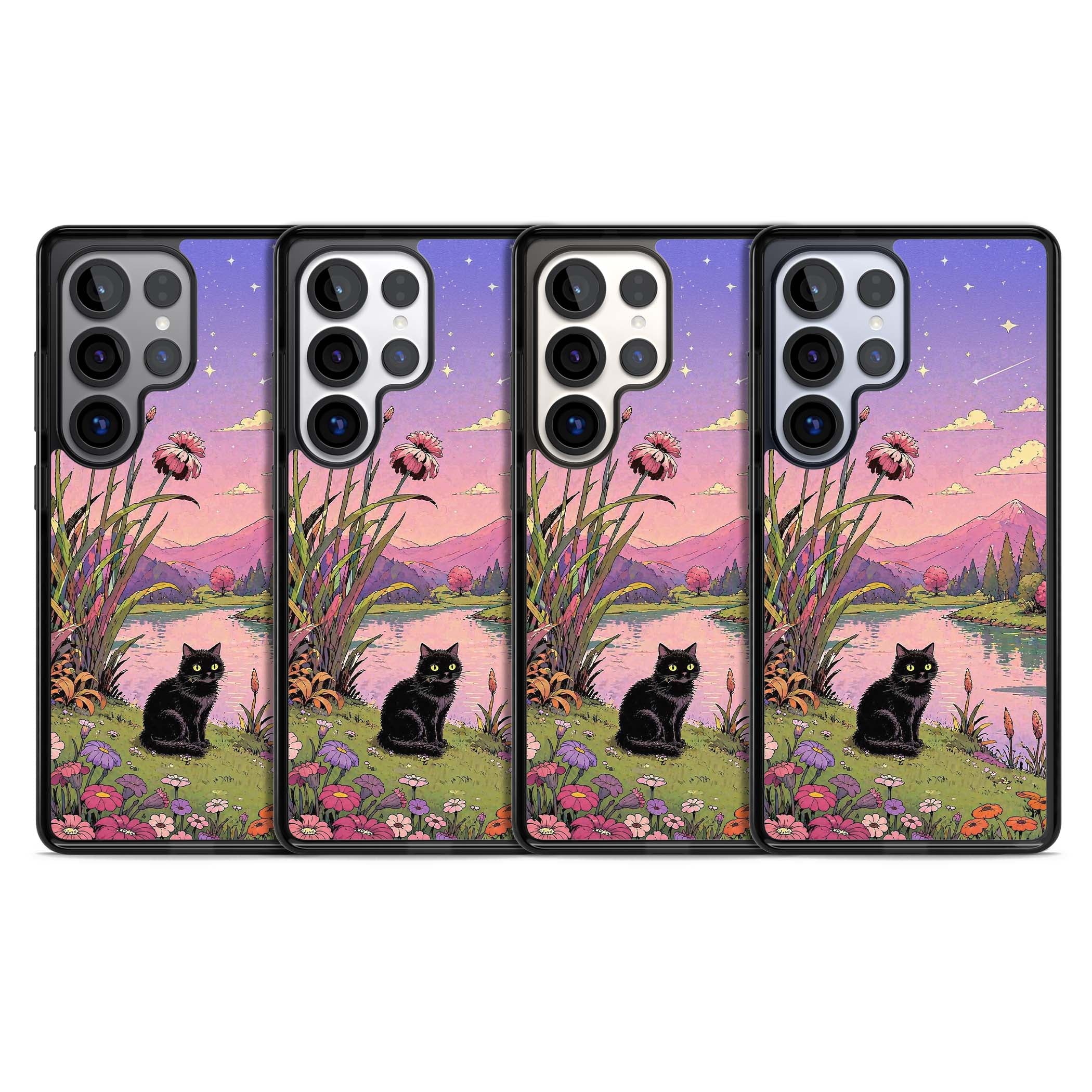 Mystic Whiskers ghibli iPhone case featuring a black cat by a pastel lake, wildflowers and a starry sunset sky | Black Impact case for Samsung Galaxy S25 Ultra