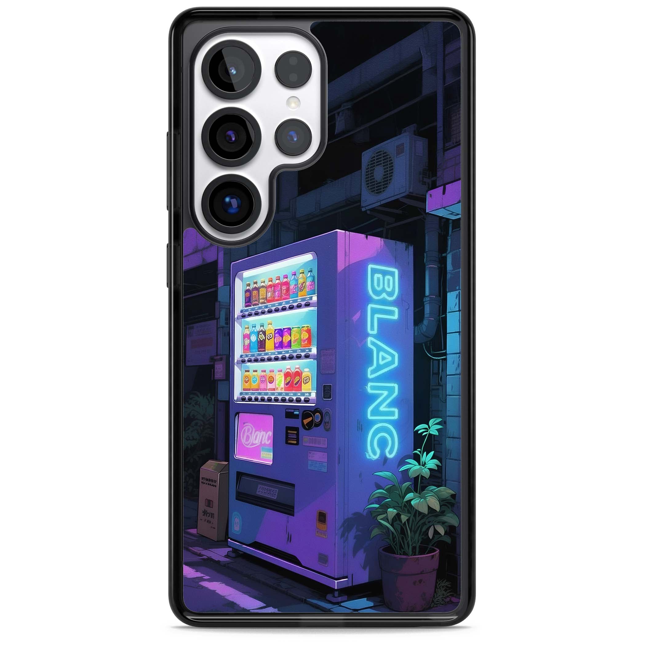 Shibuya Glow Japanese iPhone case featuring a glowing Tokyo vending machine, neon signage, and moody purple alleyway | Black Impact case for Samsung Galaxy S25 Ultra