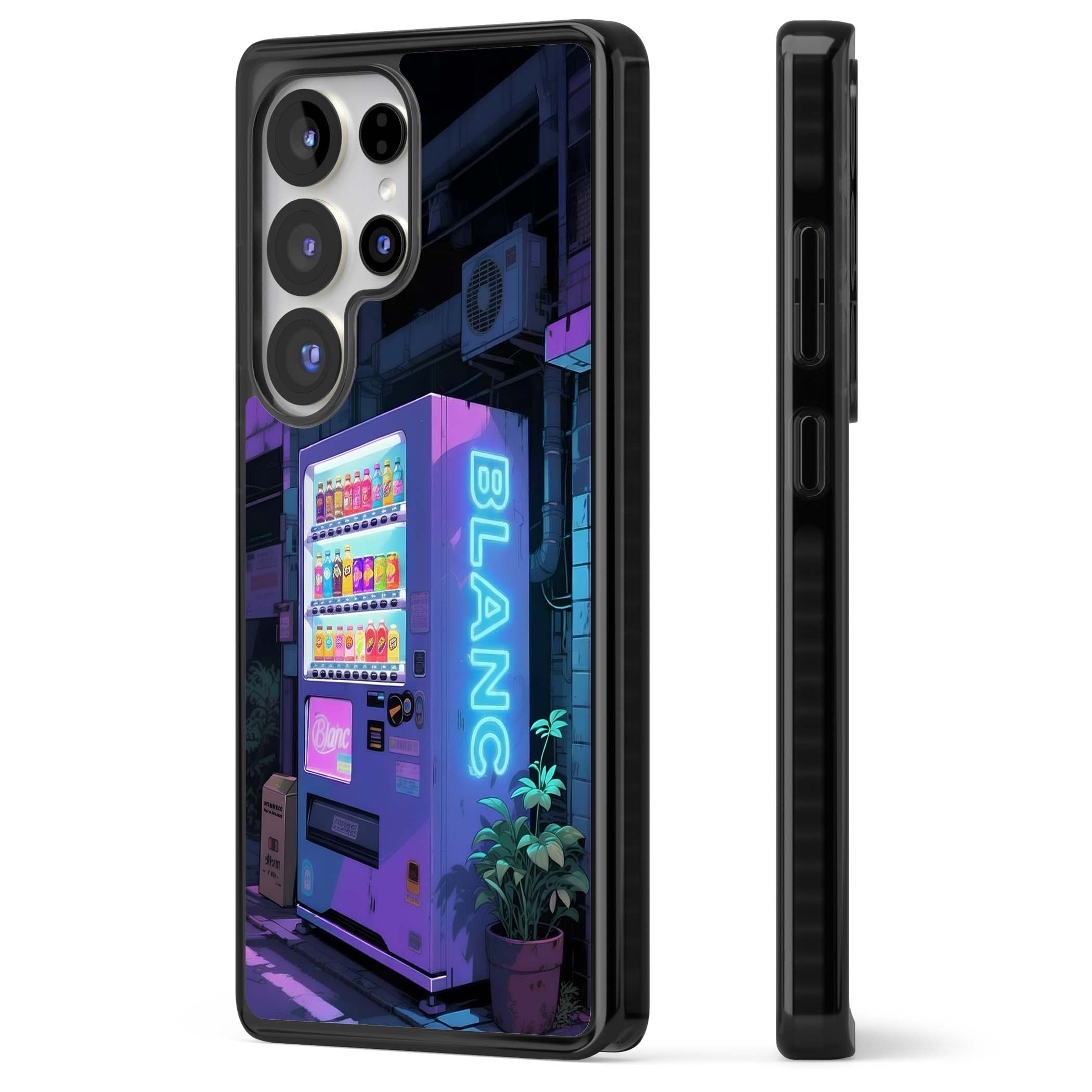 Shibuya Glow Japanese iPhone case featuring a glowing Tokyo vending machine, neon signage, and moody purple alleyway | Black Impact case for Samsung Galaxy S25 Ultra