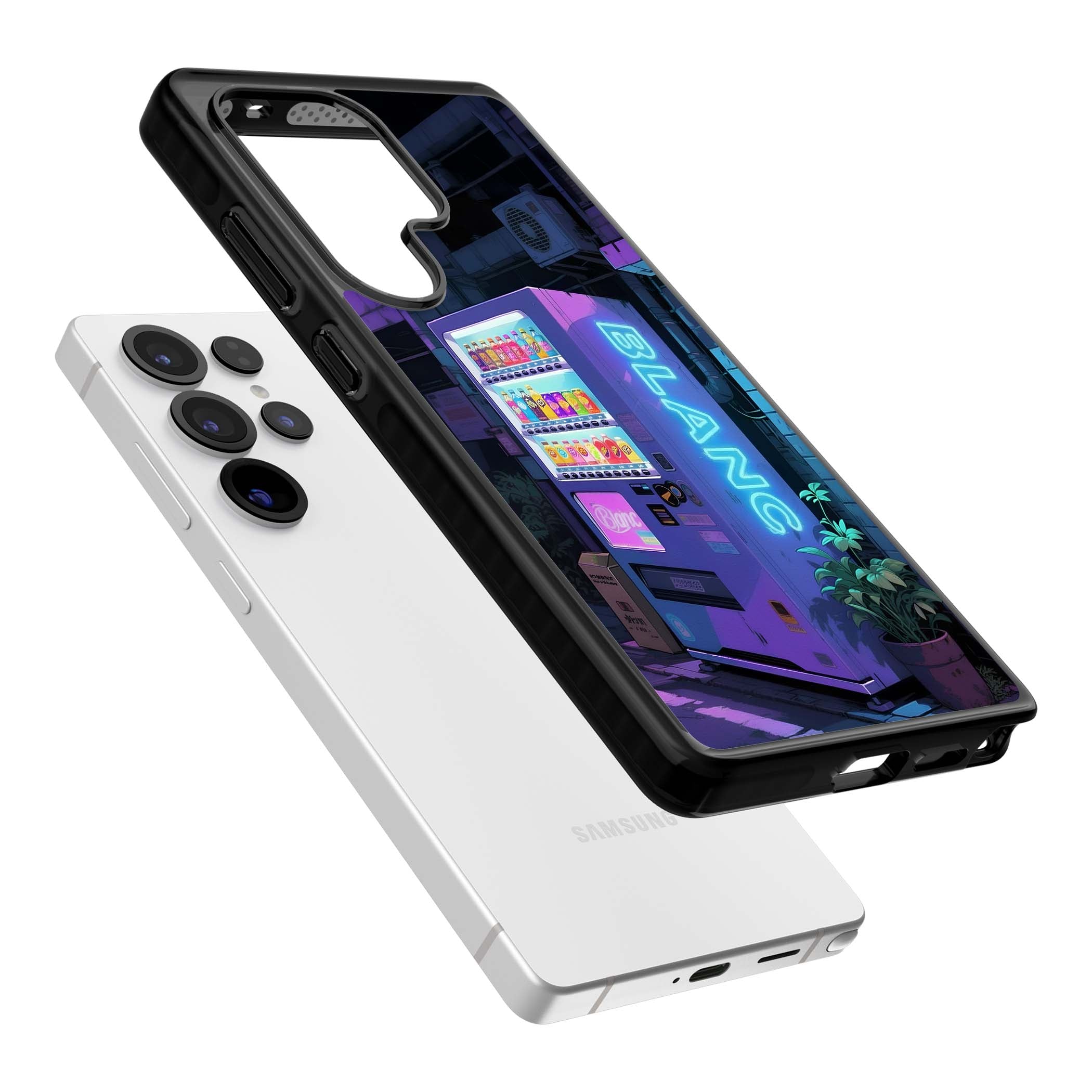 Shibuya Glow Japanese iPhone case featuring a glowing Tokyo vending machine, neon signage, and moody purple alleyway | Black Impact case for Samsung Galaxy S25 Ultra