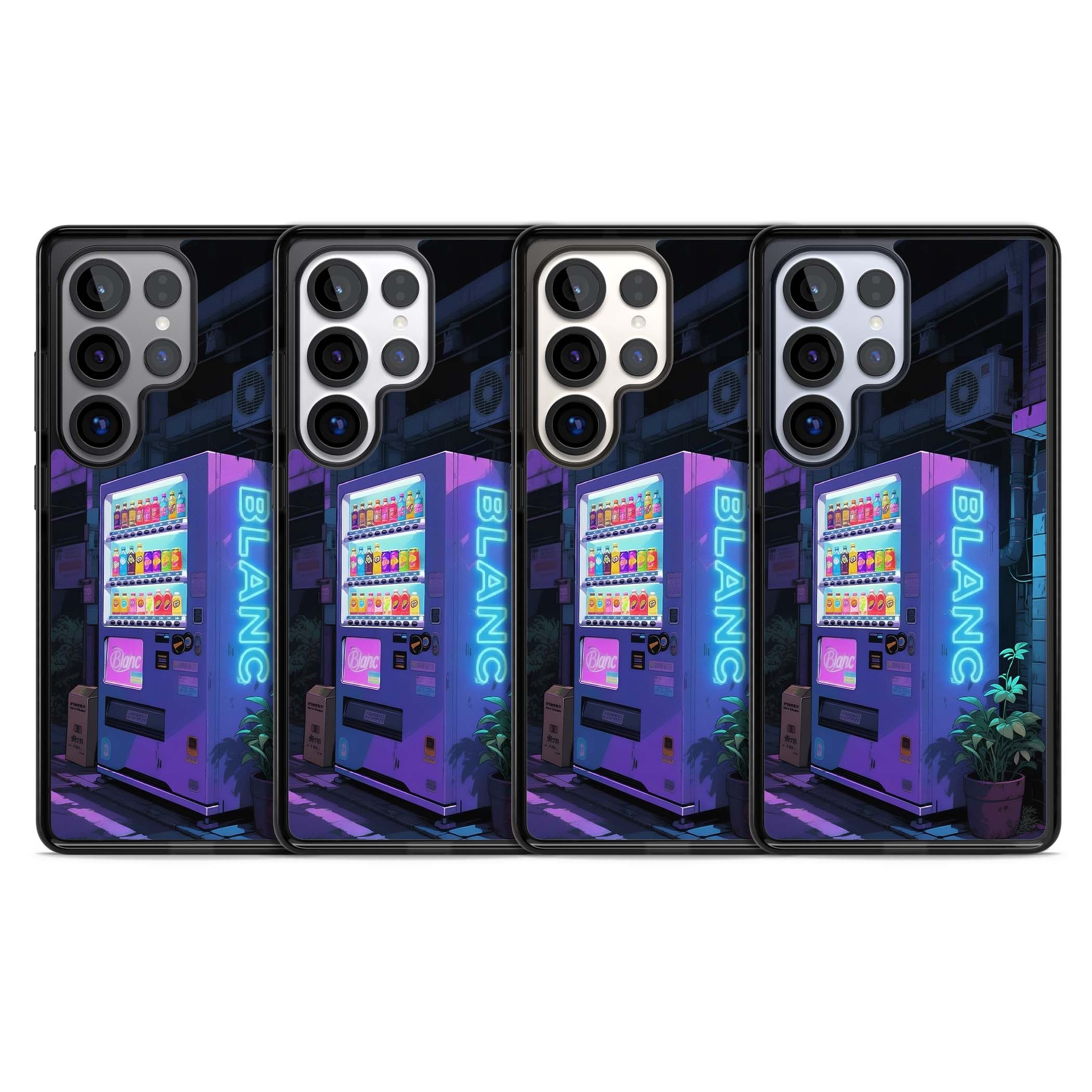 Shibuya Glow Japanese iPhone case featuring a glowing Tokyo vending machine, neon signage, and moody purple alleyway | Black Impact case for Samsung Galaxy S25 Ultra