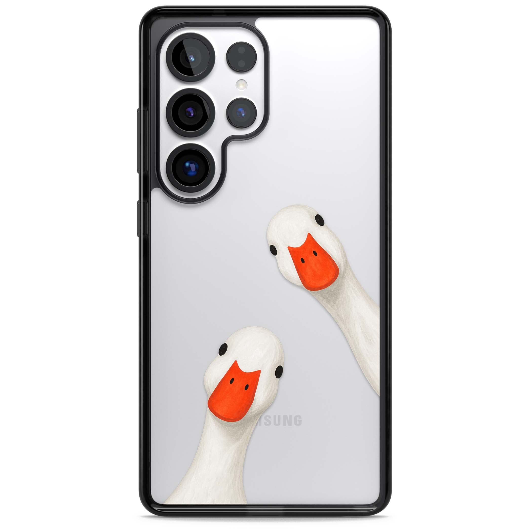 Nosy Ducks cottagecore iPhone case featuring two peeking white ducks with orange beaks on a clear background | Black Impact case for Samsung Galaxy S25 Ultra