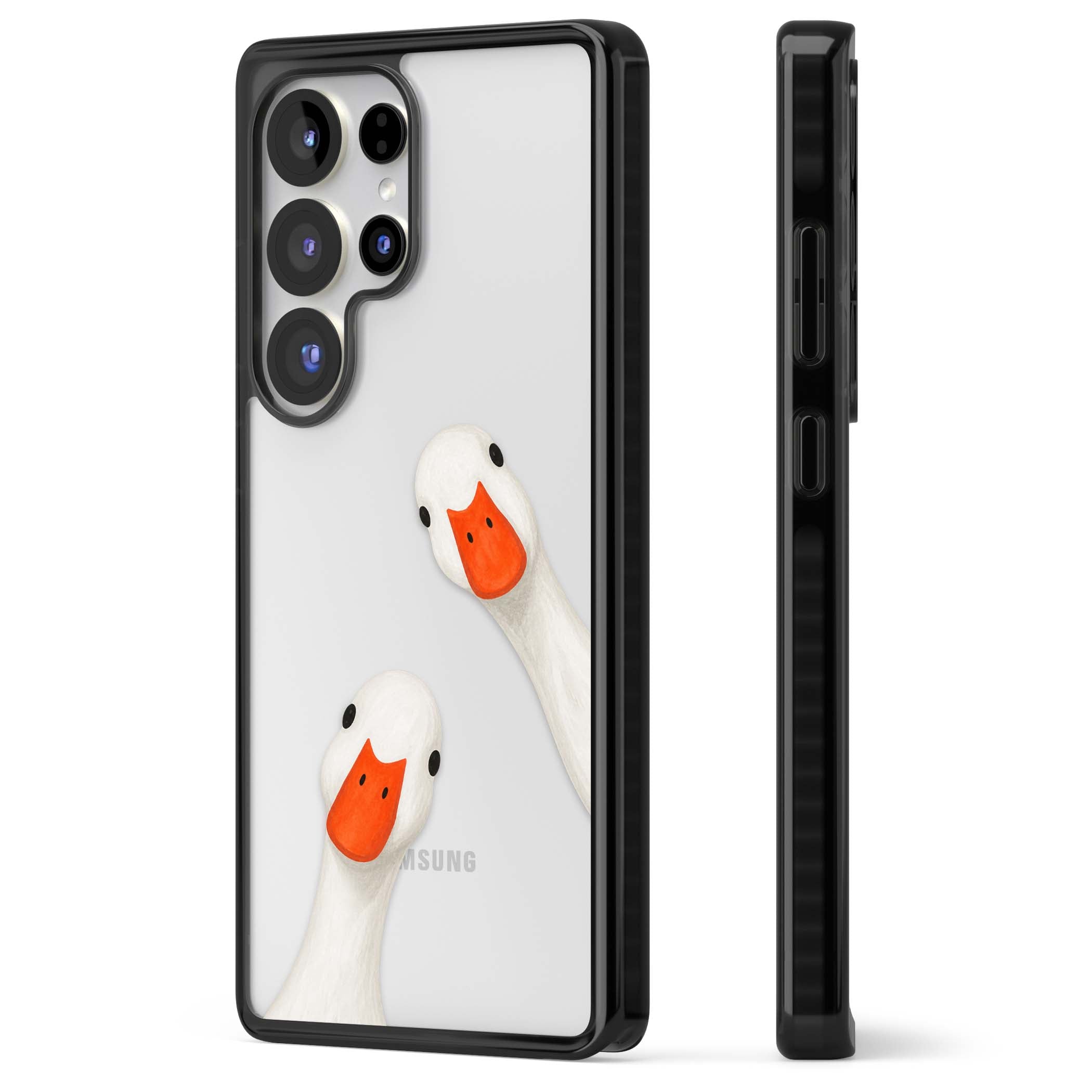 Nosy Ducks cottagecore iPhone case featuring two peeking white ducks with orange beaks on a clear background | Black Impact case for Samsung Galaxy S25 Ultra