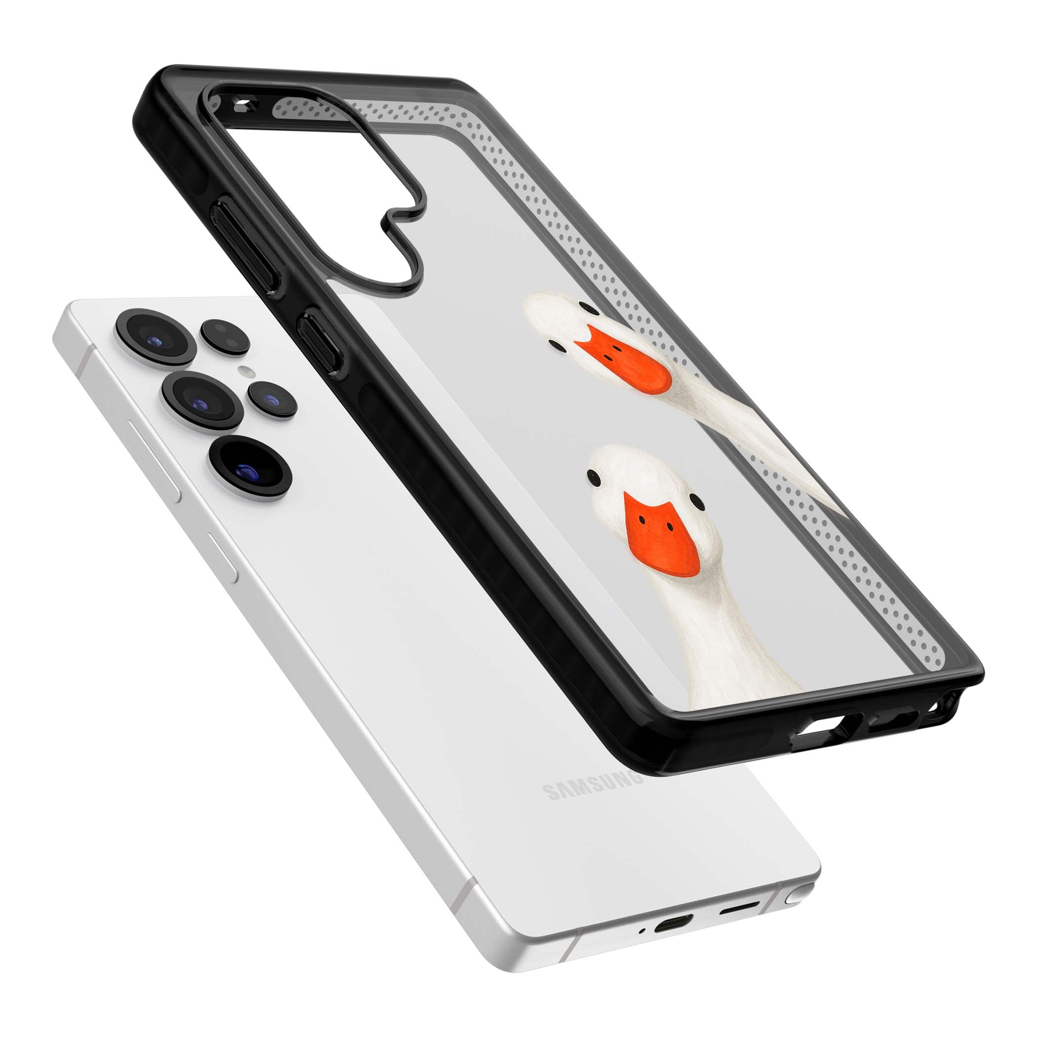 Nosy Ducks cottagecore iPhone case featuring two peeking white ducks with orange beaks on a clear background | Black Impact case for Samsung Galaxy S25 Ultra