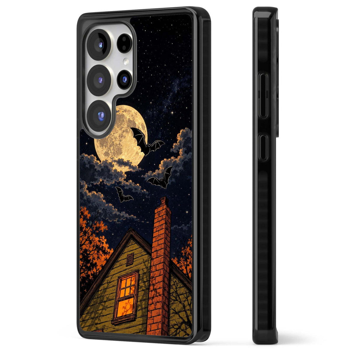 Hollows Eve Halloween iPhone case featuring a haunted house, full moon and flying bats against a starry autumn sky | Black Impact case for Samsung Galaxy S25 Ultra