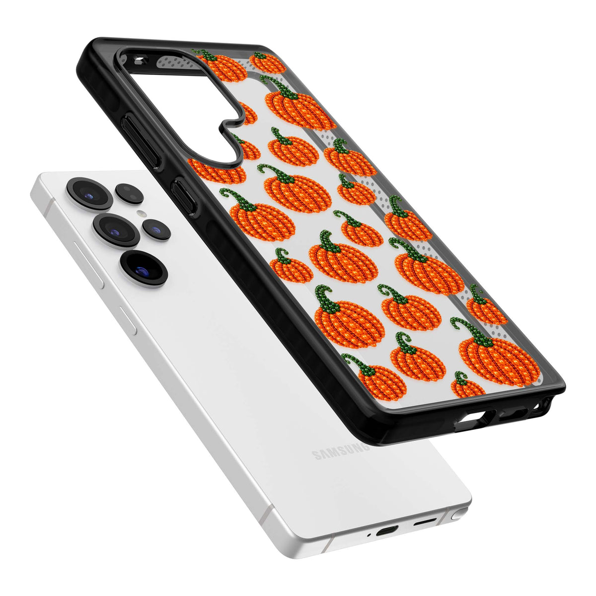 Beaded Pumpkins halloween iPhone case featuring beaded orange pumpkins with green stems on a clear background | Black Impact case for Samsung Galaxy S25 Ultra