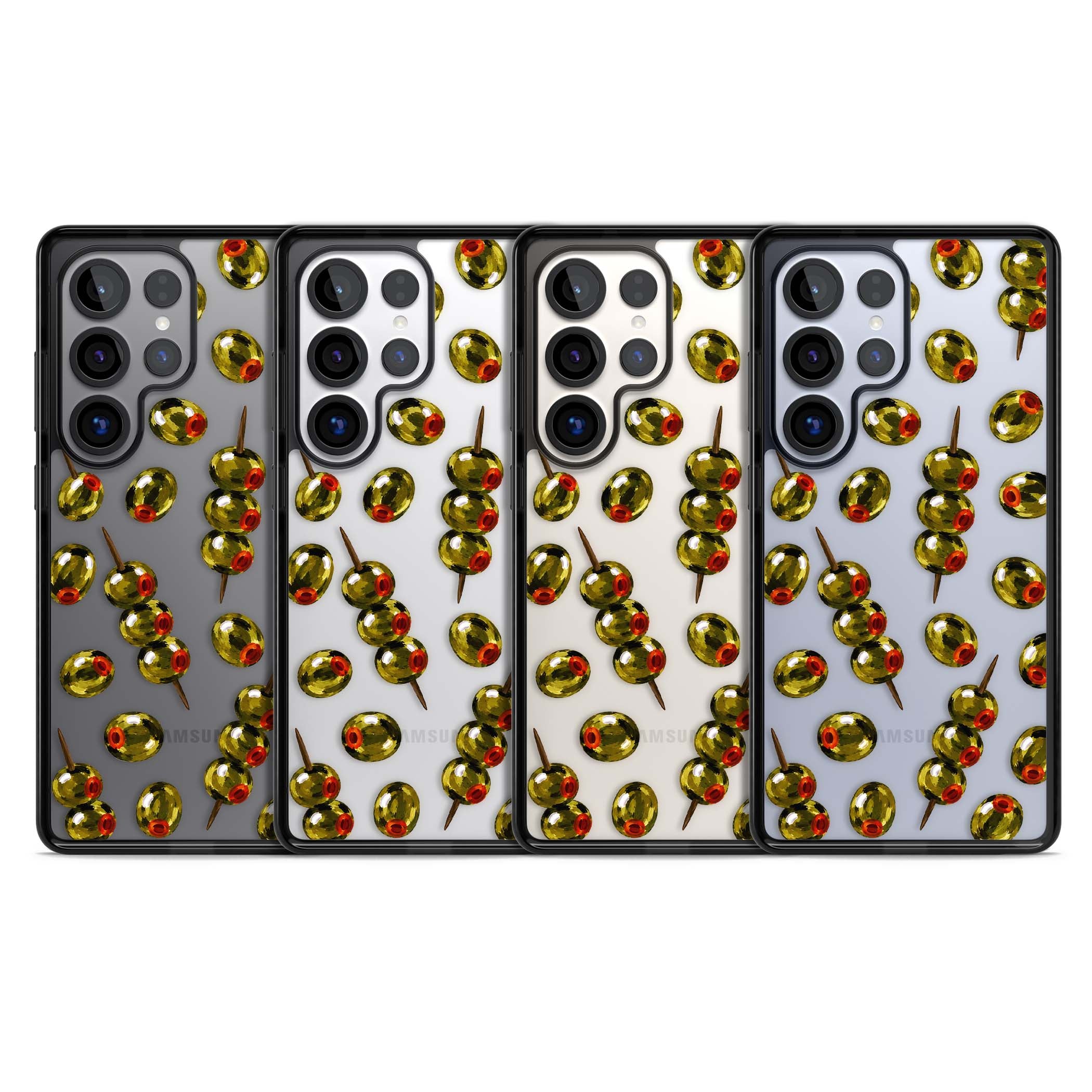 Painted Olives cocktail iPhone case featuring green olives, pimento centres and toothpick skewers on a clear background | Black Impact case for Samsung Galaxy S25 Ultra
