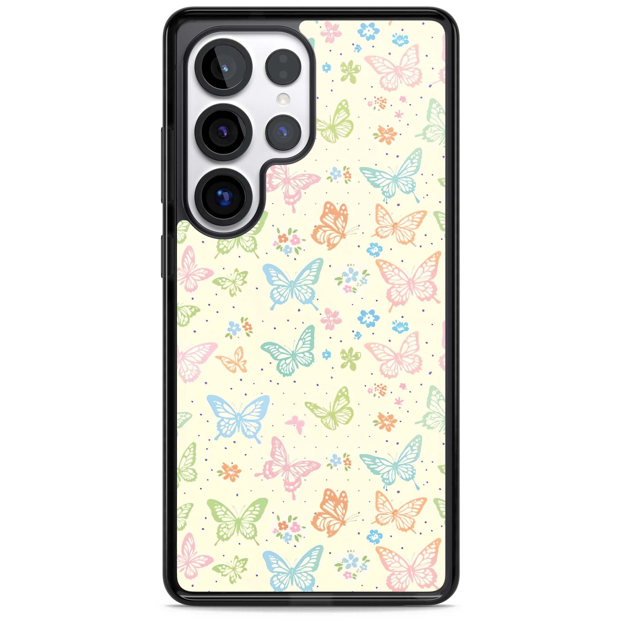Sugar Wings cottagecore iPhone case featuring rainbow pastel butterflies, tiny wildflowers, and a cream background | Black Impact case for Samsung Galaxy S25 Ultra