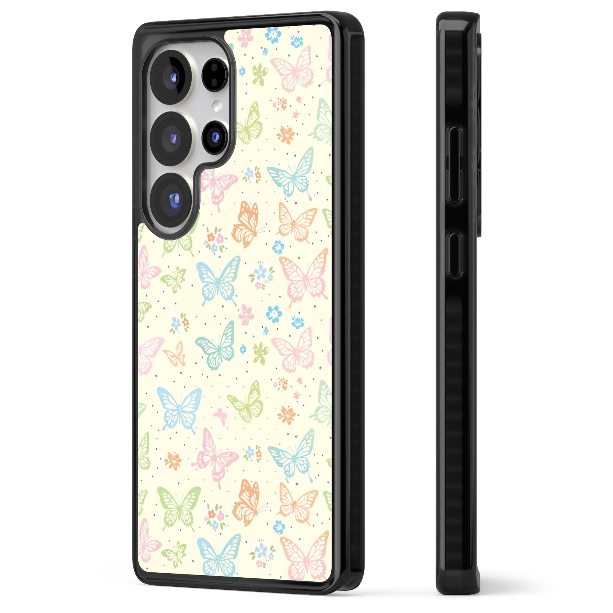 Sugar Wings cottagecore iPhone case featuring rainbow pastel butterflies, tiny wildflowers, and a cream background | Black Impact case for Samsung Galaxy S25 Ultra