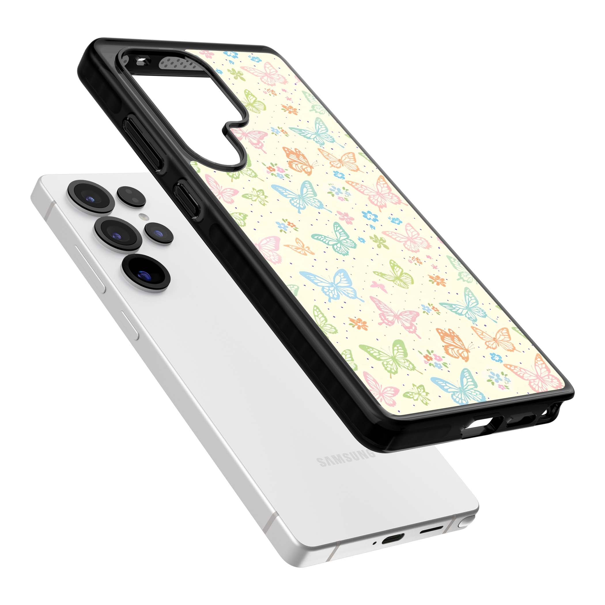Sugar Wings cottagecore iPhone case featuring rainbow pastel butterflies, tiny wildflowers, and a cream background | Black Impact case for Samsung Galaxy S25 Ultra