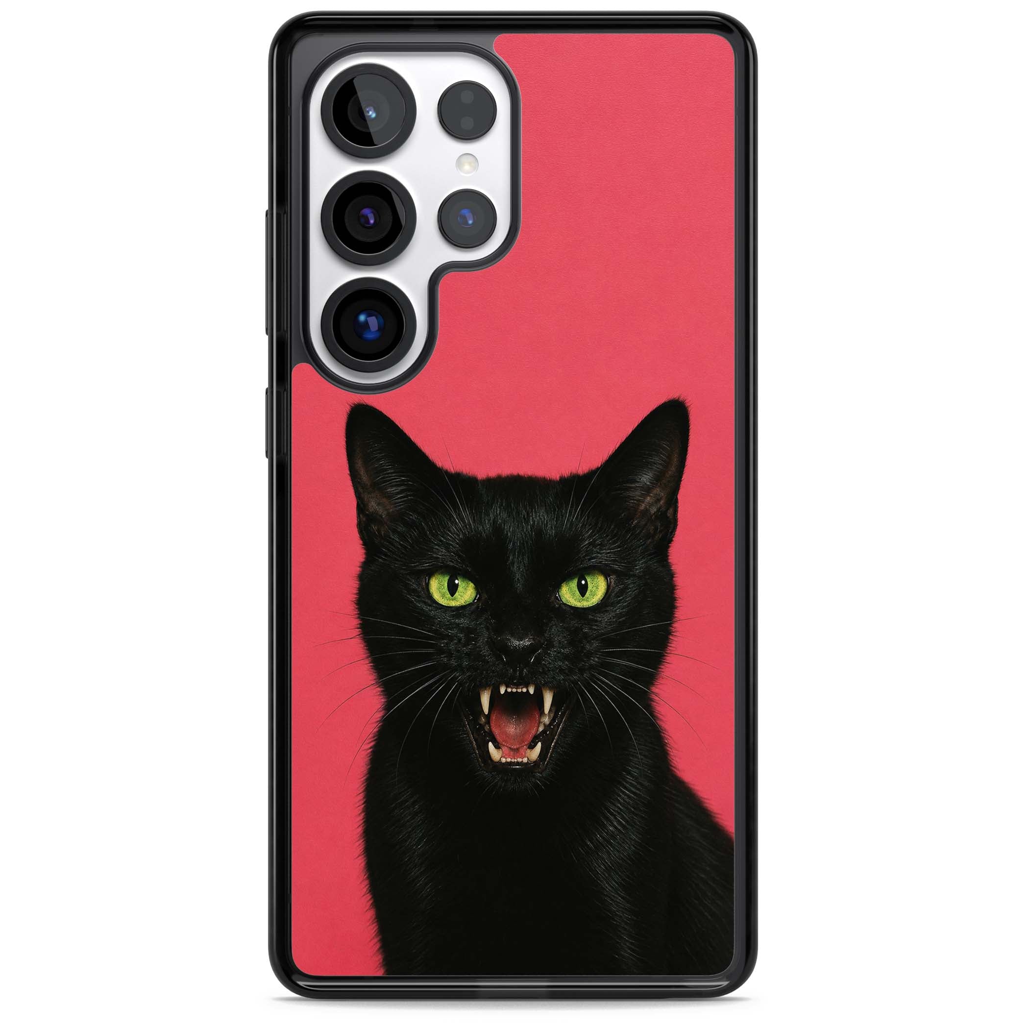 Hissin' Baddie black cat iPhone case featuring a hissing feline with green eyes on a hot pink background | Black Impact case for Samsung Galaxy S25 Ultra