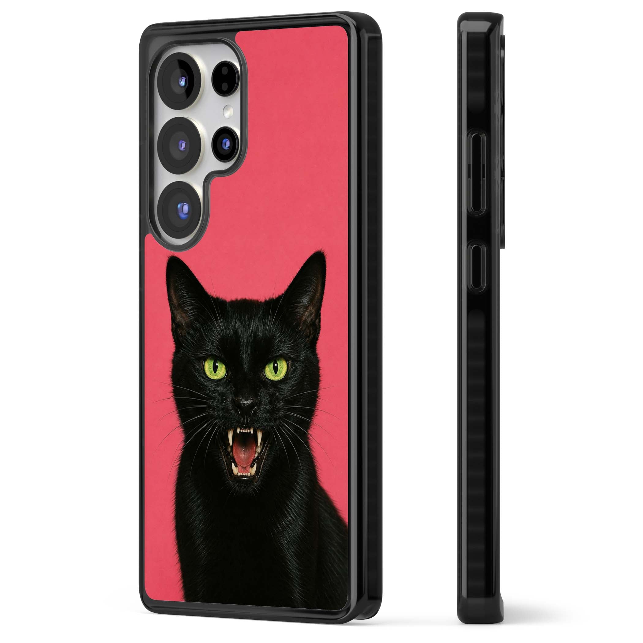 Hissin' Baddie black cat iPhone case featuring a hissing feline with green eyes on a hot pink background | Black Impact case for Samsung Galaxy S25 Ultra