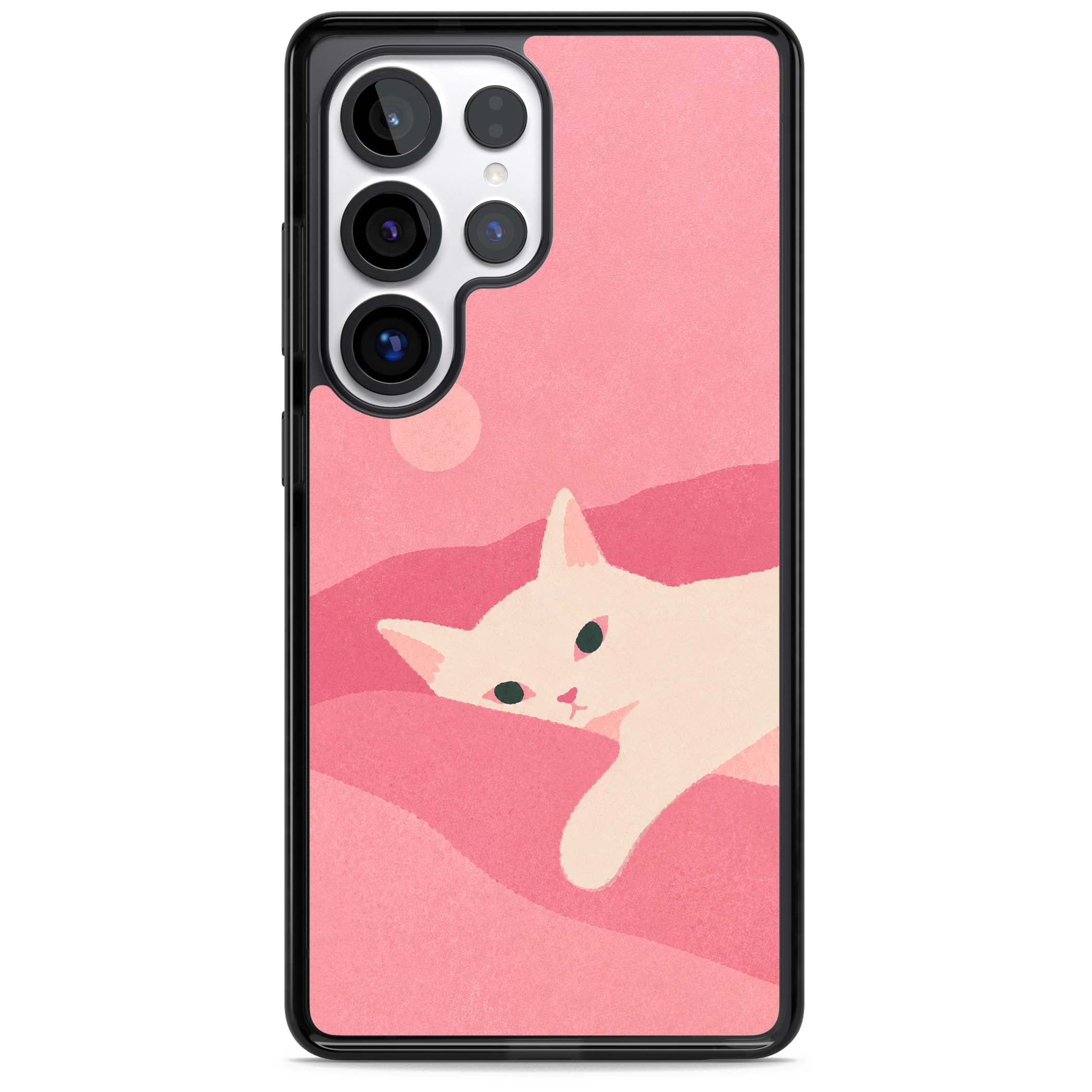 Pink Dreams cute cat iPhone case featuring a white kitten, soft pink hills and a pale pastel sun | Black Impact case for Samsung Galaxy S25 Ultra