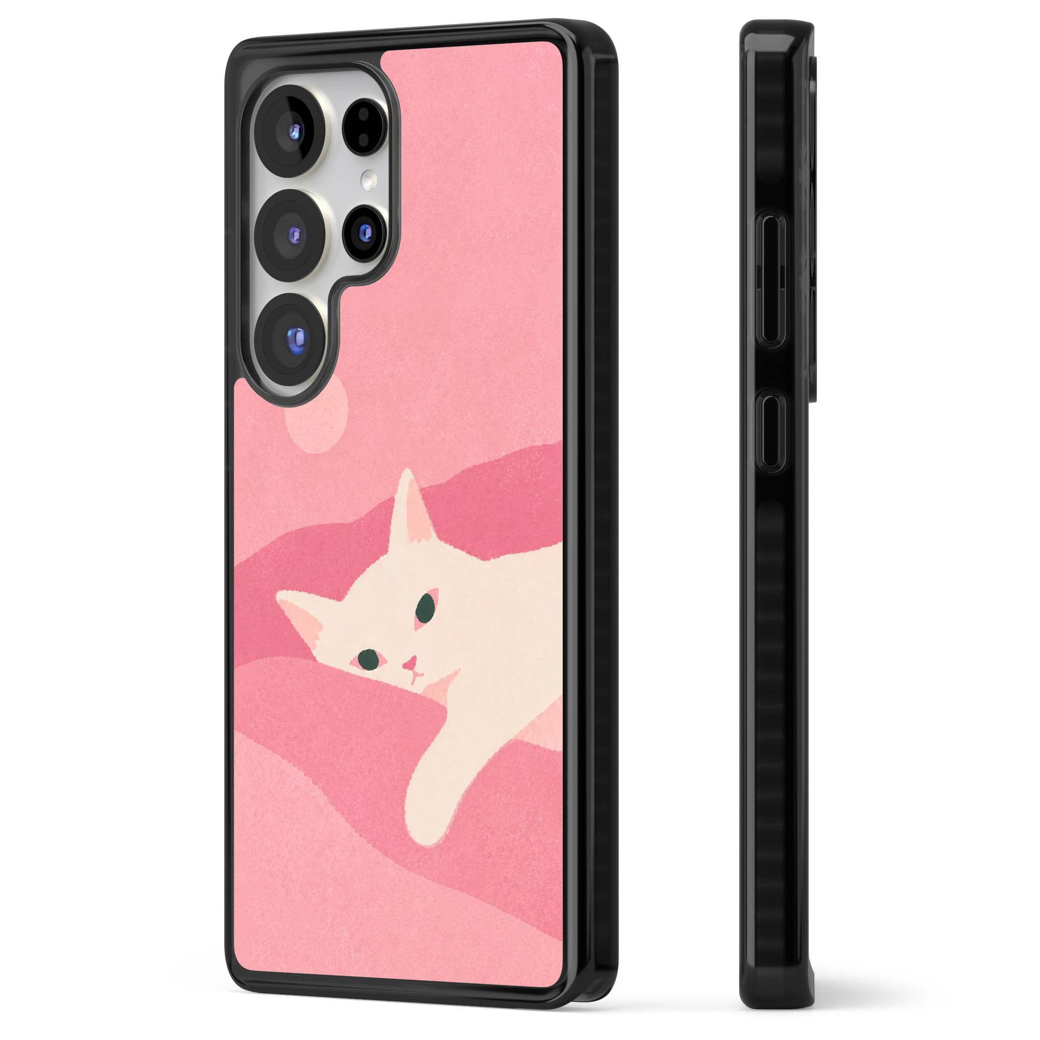 Pink Dreams cute cat iPhone case featuring a white kitten, soft pink hills and a pale pastel sun | Black Impact case for Samsung Galaxy S25 Ultra