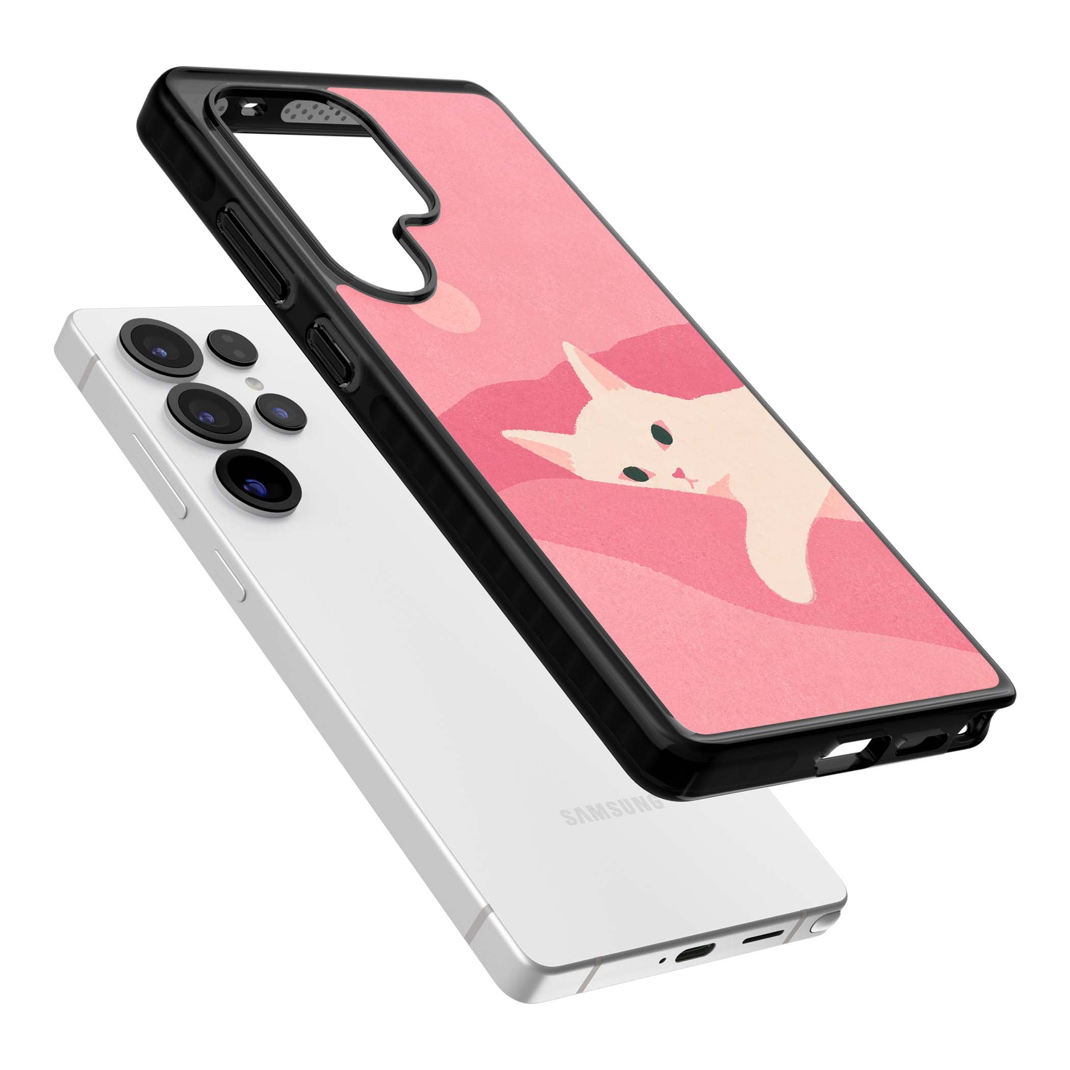 Pink Dreams cute cat iPhone case featuring a white kitten, soft pink hills and a pale pastel sun | Black Impact case for Samsung Galaxy S25 Ultra