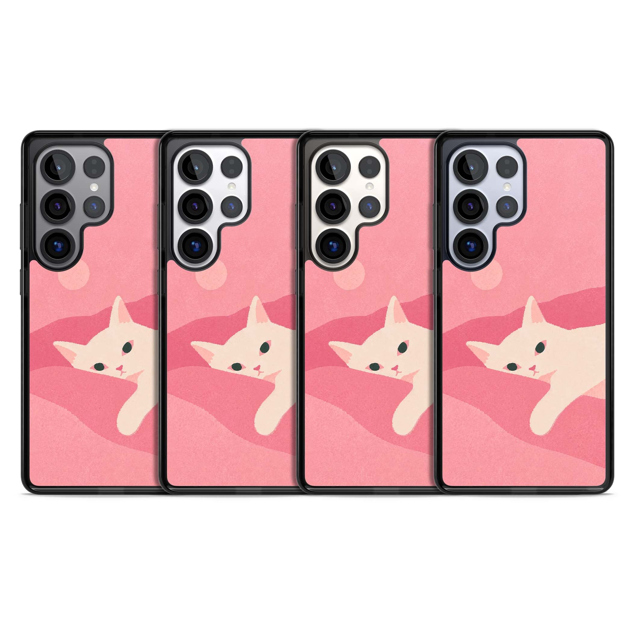 Pink Dreams cute cat iPhone case featuring a white kitten, soft pink hills and a pale pastel sun | Black Impact case for Samsung Galaxy S25 Ultra