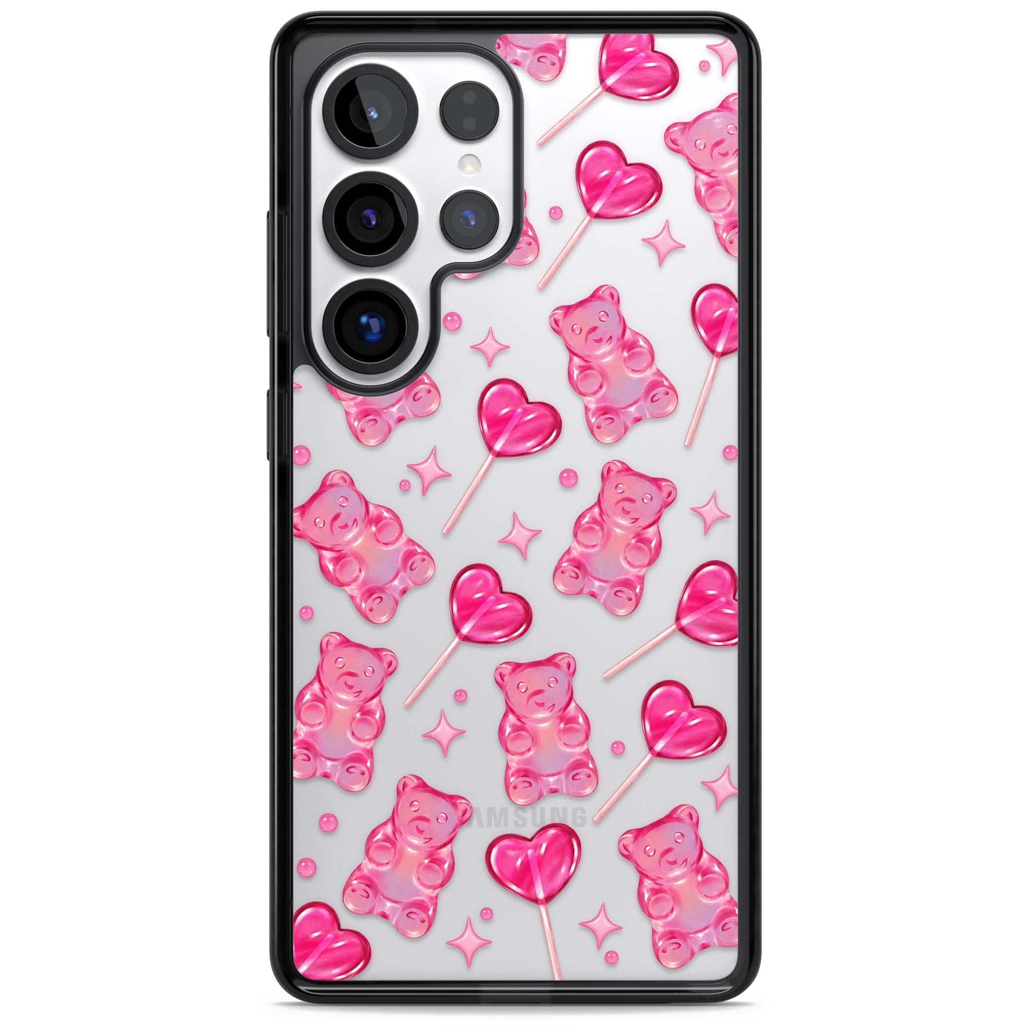 Pink Sugar pinkcore iPhone case featuring pink gummy bears, heart-shaped lollipops and sparkle stars | Black Impact case for Samsung Galaxy S25 Ultra