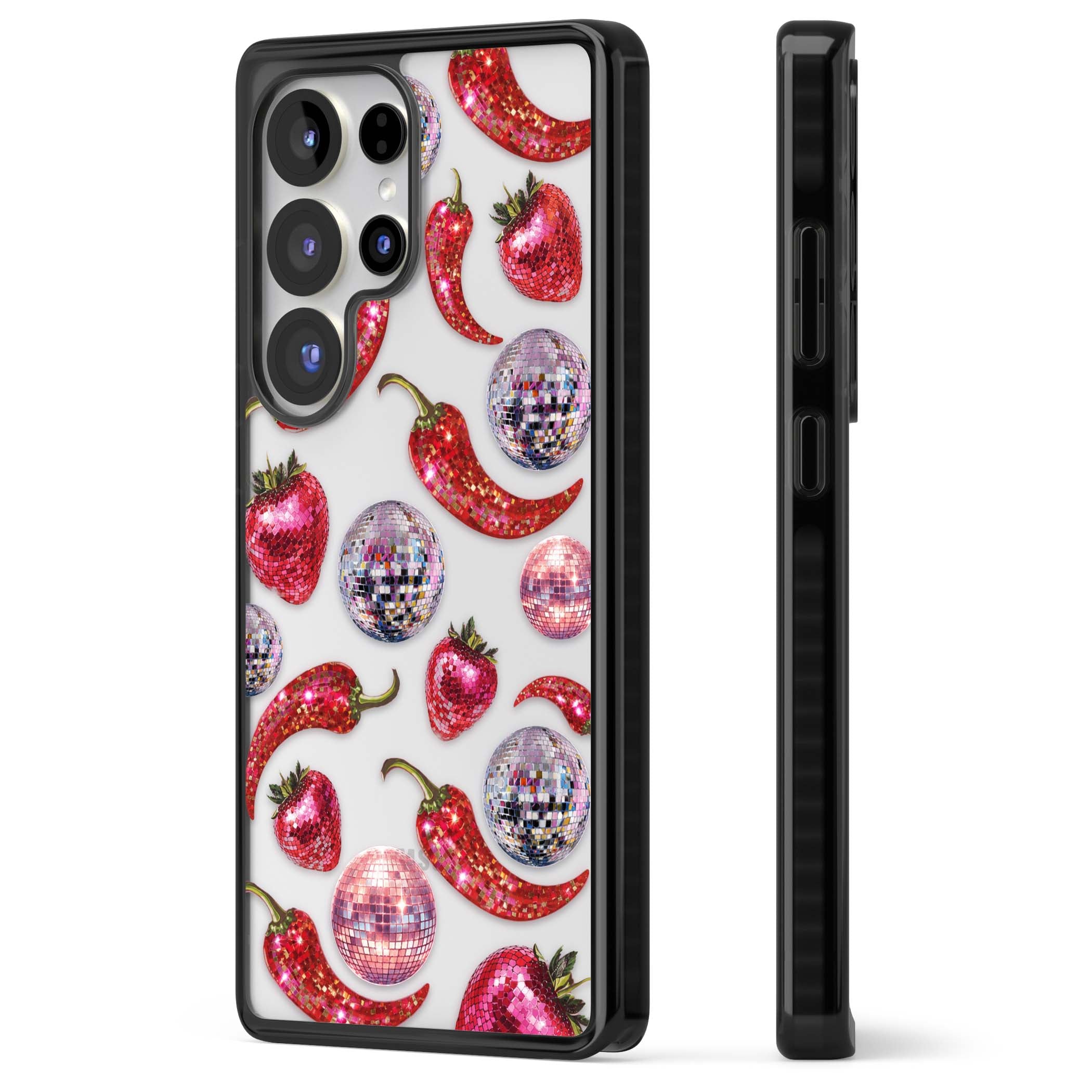 Spicy Disco Y2K iPhone case featuring glitter disco balls, sparkly strawberries and red chilli peppers | Black Impact case for Samsung Galaxy S25 Ultra