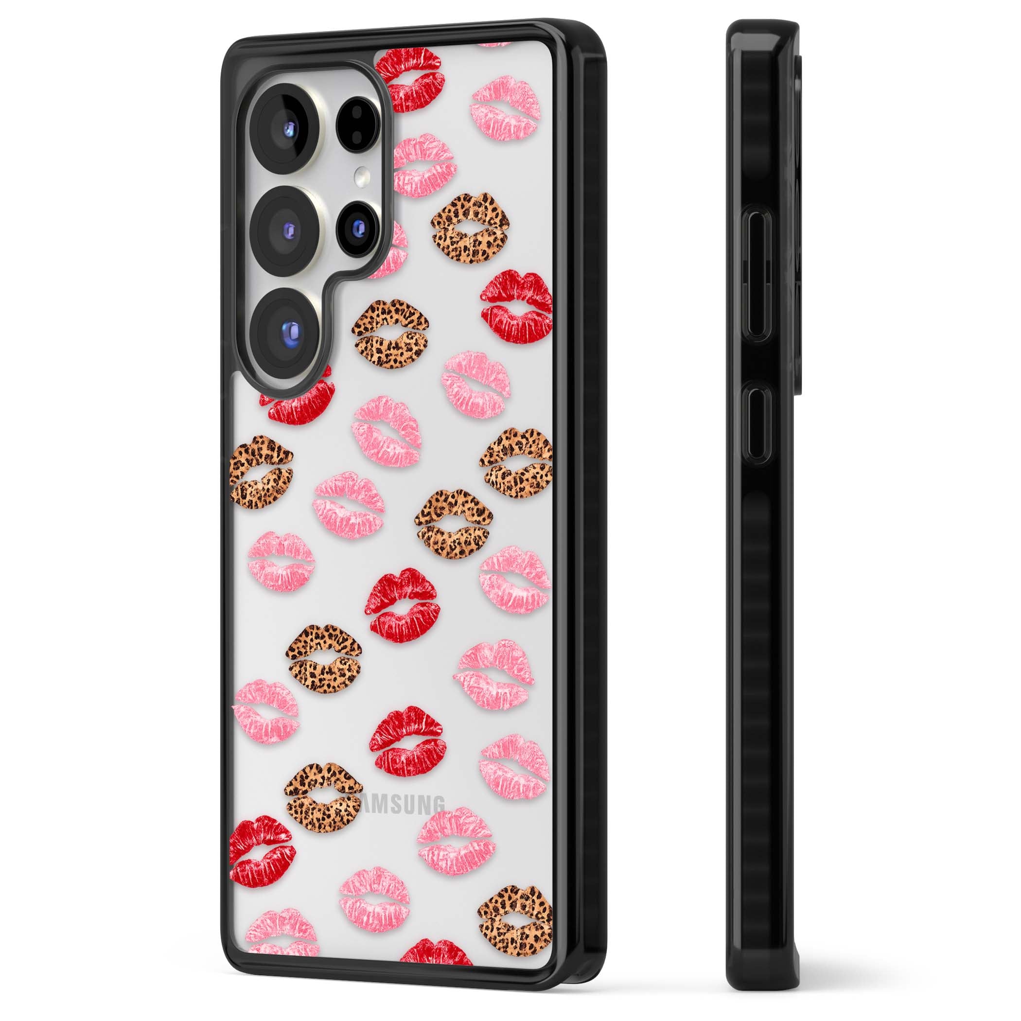 Wild Kisses coquette iPhone case featuring red, pink and leopard print lipstick kiss marks on a clear background | Black Impact case for Samsung Galaxy S25 Ultra