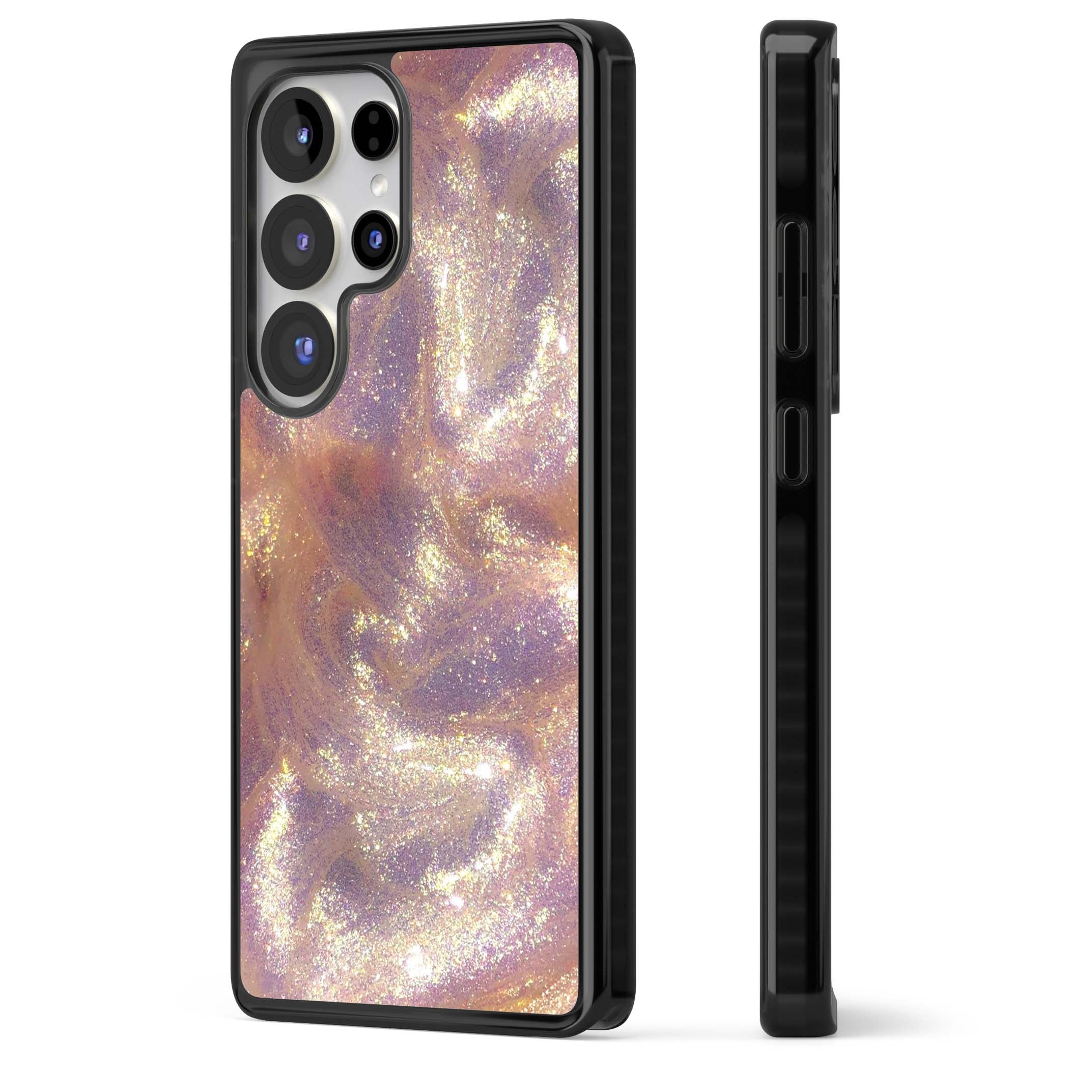 Shimmer marble iPhone case featuring rose gold glitter swirls, lilac shimmer and iridescent pearl finish | Black Impact case for Samsung Galaxy S25 Ultra