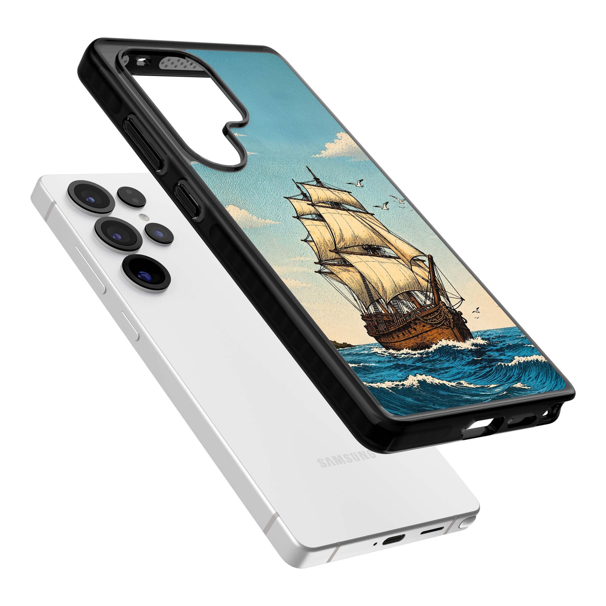 Ship at Sea nautical iPhone case featuring a vintage tall ship, ocean waves and seagulls | Black Impact case for Samsung Galaxy S25 Ultra