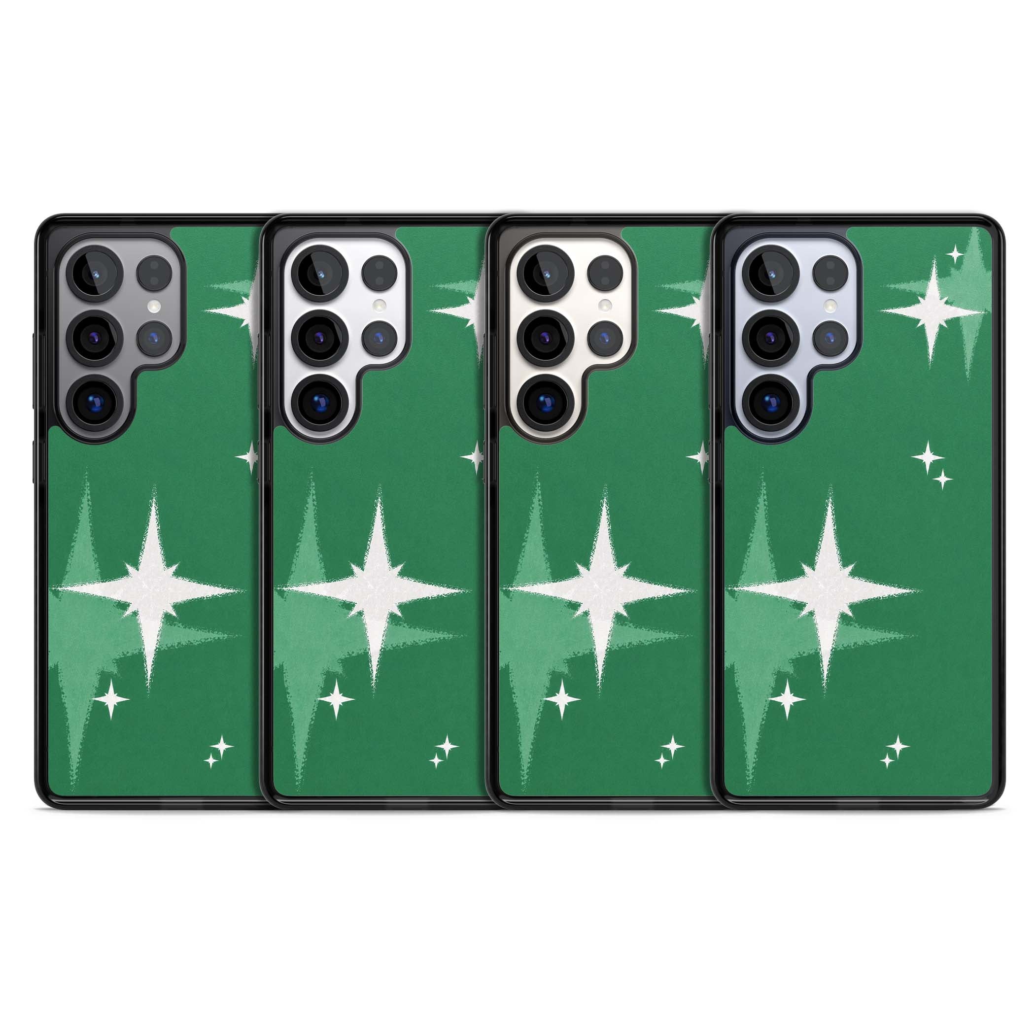 Green Sparkle celestial iPhone case featuring sparkling white four-point stars on a deep green background | Black Impact case for Samsung Galaxy S25 Ultra