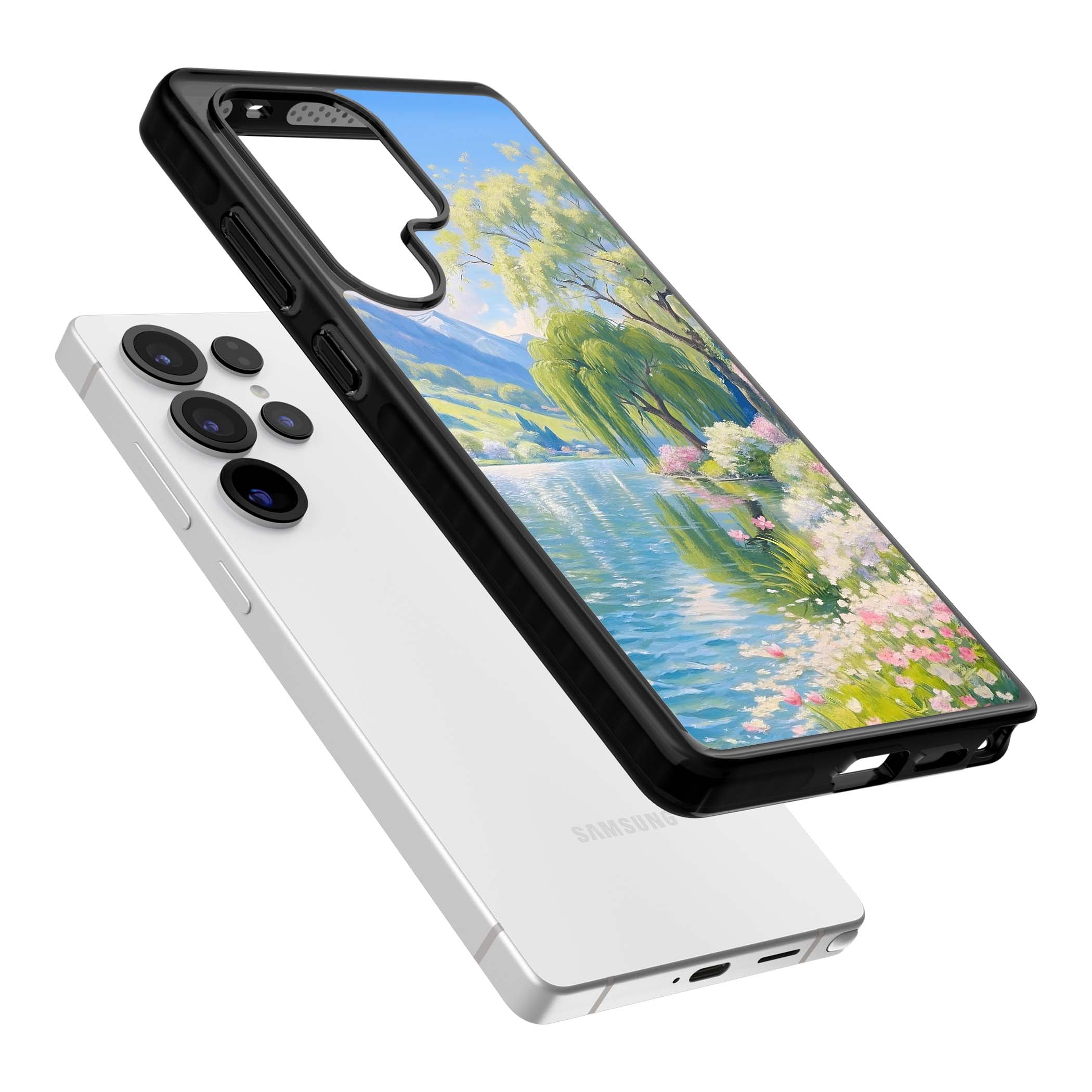 Willow Lake cottagecore iPhone case featuring a painted lakeside with weeping willow, blossoms and distant mountains | Black Impact case for Samsung Galaxy S25 Ultra