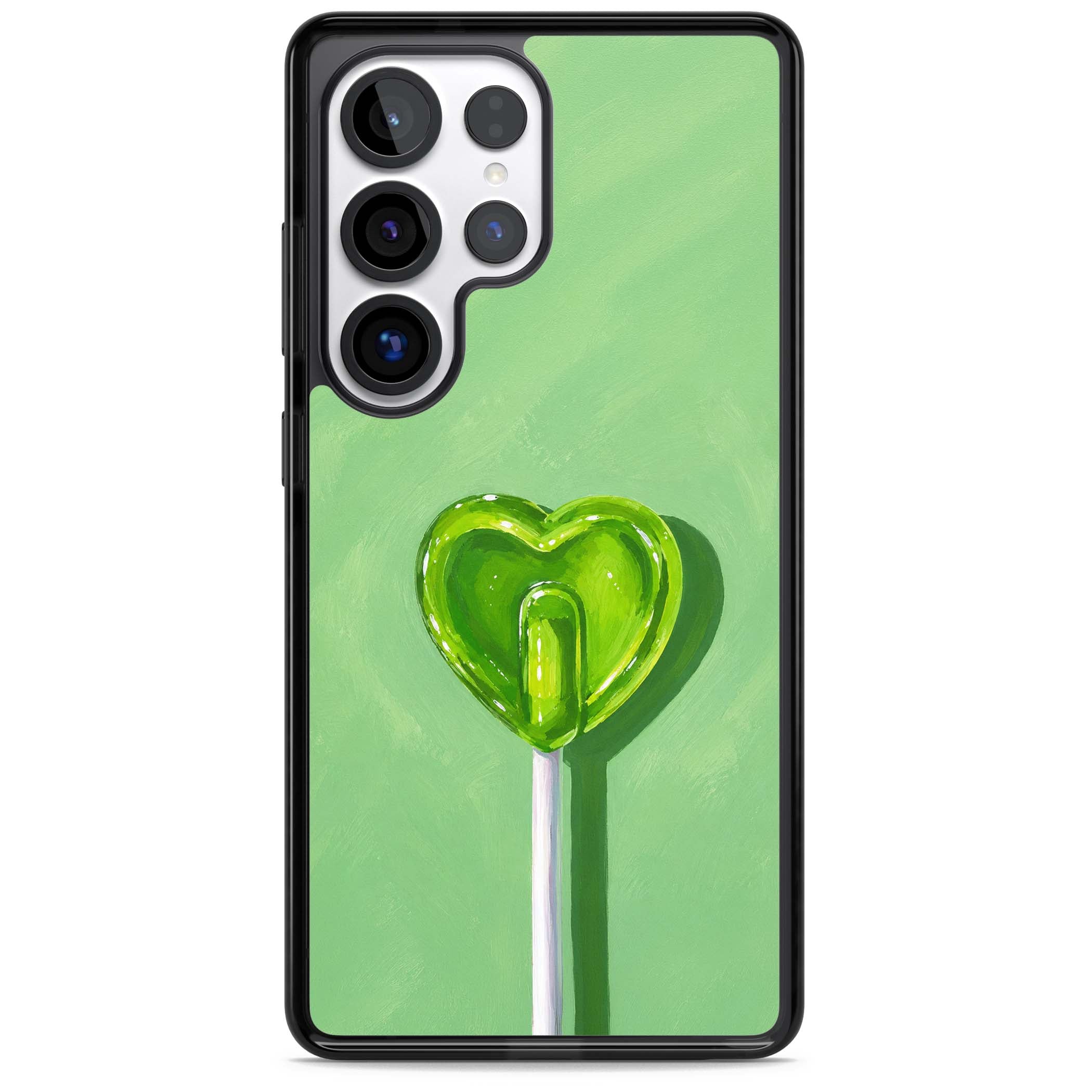 Green Lollipop candy art iPhone case featuring a glossy green heart-shaped lollipop on a painted pastel green background | Black Impact case for Samsung Galaxy S25 Ultra