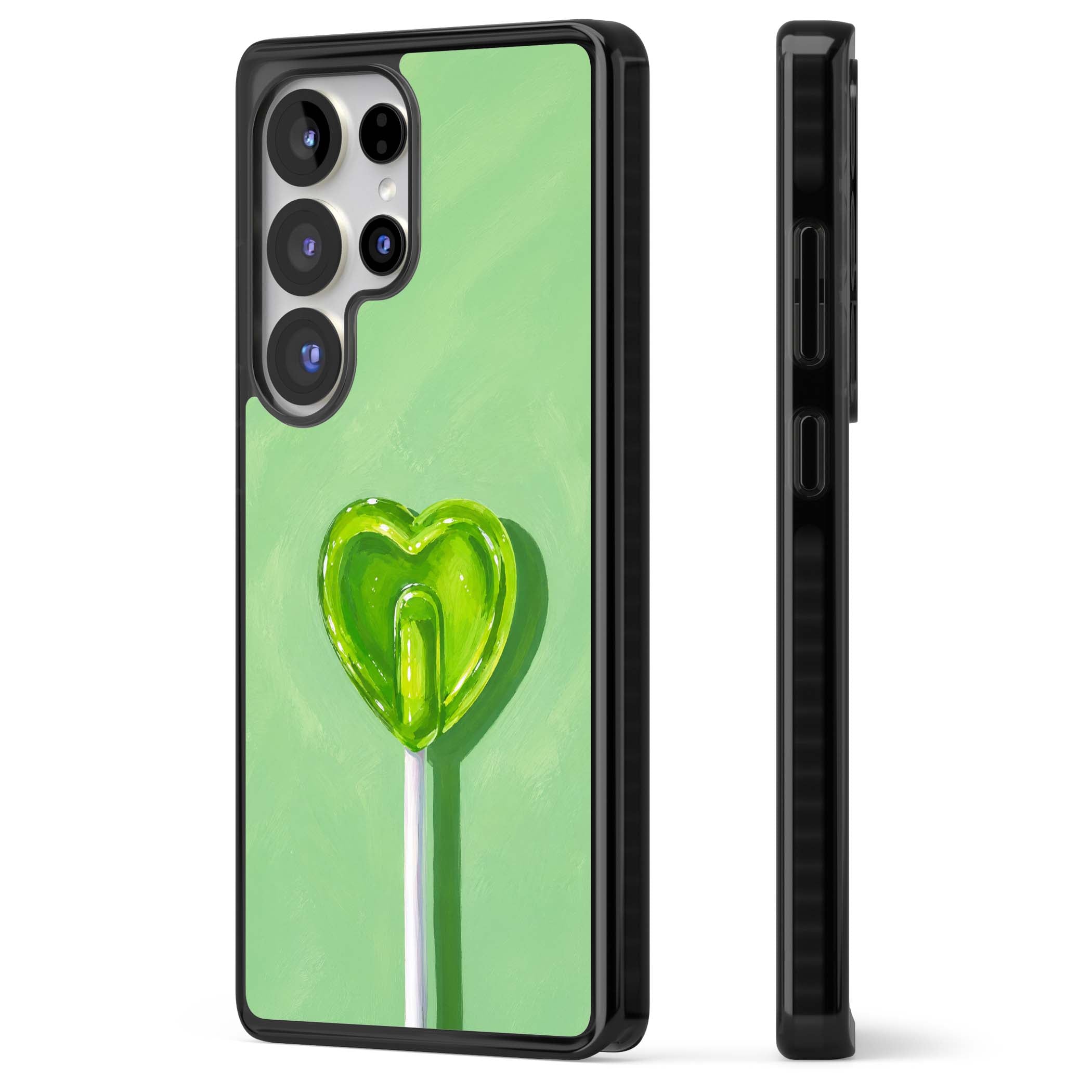 Green Lollipop candy art iPhone case featuring a glossy green heart-shaped lollipop on a painted pastel green background | Black Impact case for Samsung Galaxy S25 Ultra