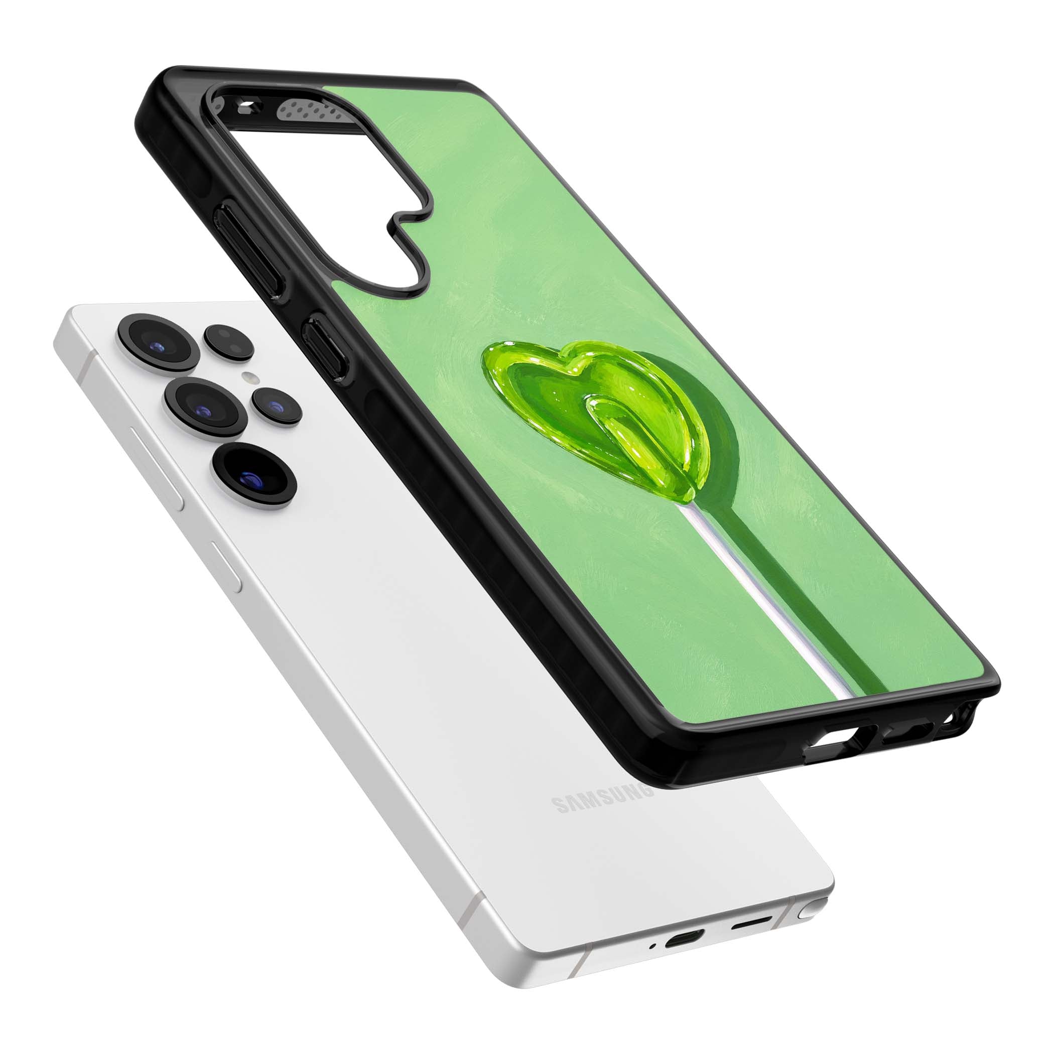 Green Lollipop candy art iPhone case featuring a glossy green heart-shaped lollipop on a painted pastel green background | Black Impact case for Samsung Galaxy S25 Ultra