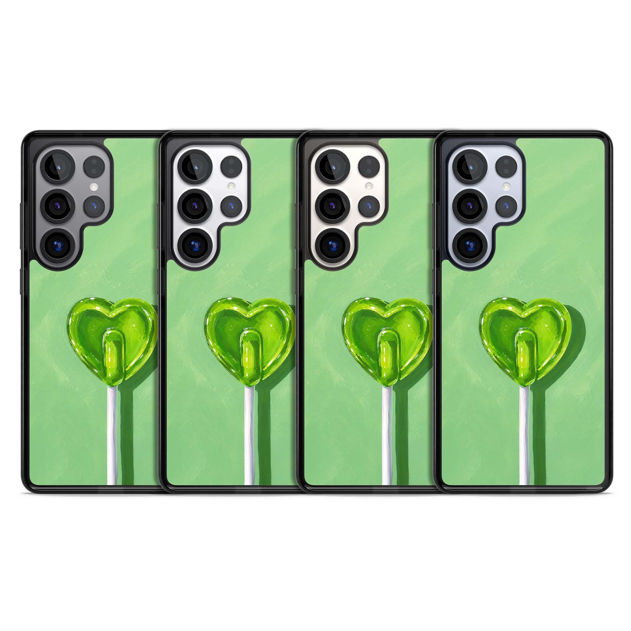 Green Lollipop candy art iPhone case featuring a glossy green heart-shaped lollipop on a painted pastel green background | Black Impact case for Samsung Galaxy S25 Ultra