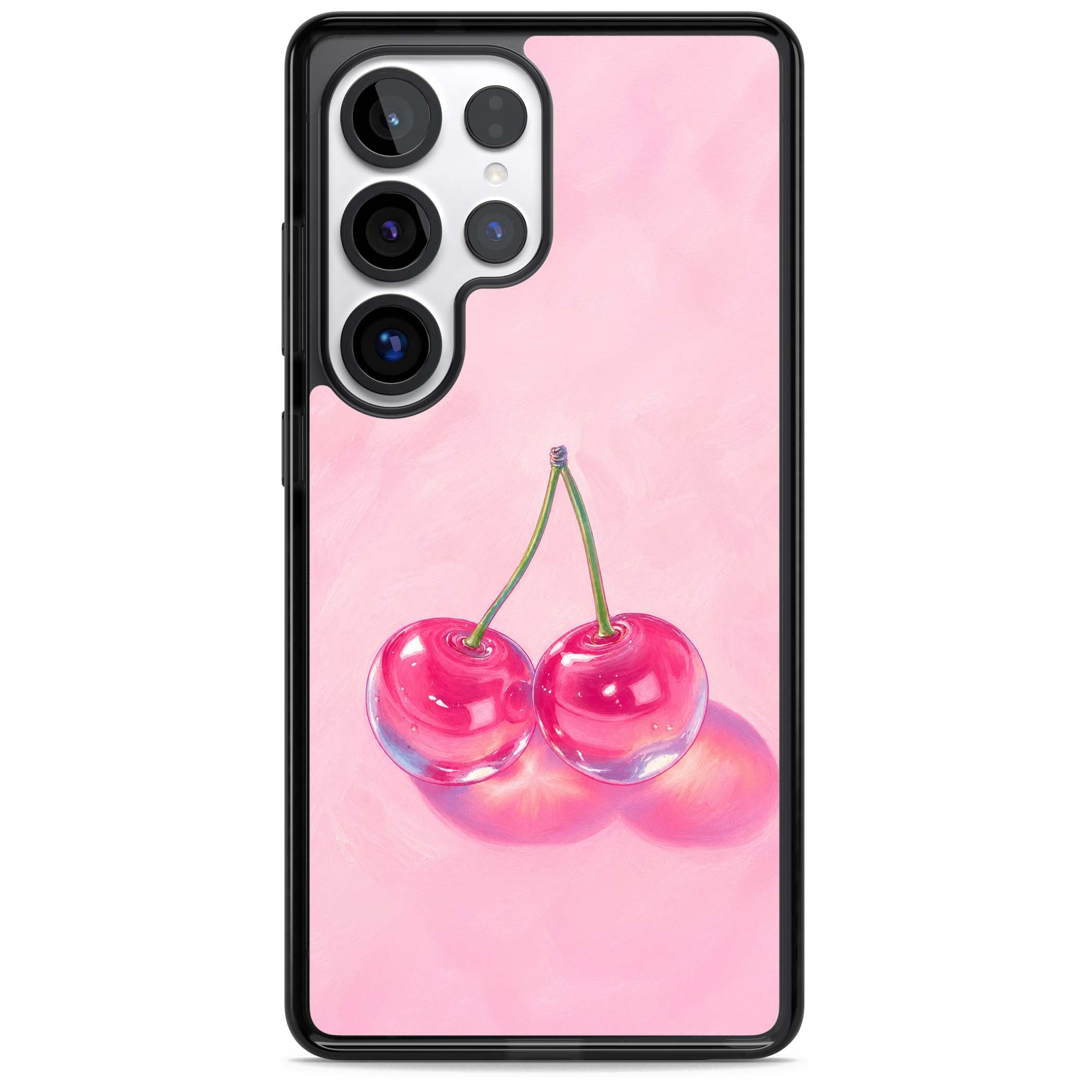 Pink Glass Cherry coquette iPhone case featuring two glossy painted cherries on a soft pink background | Black Impact case for Samsung Galaxy S25 Ultra