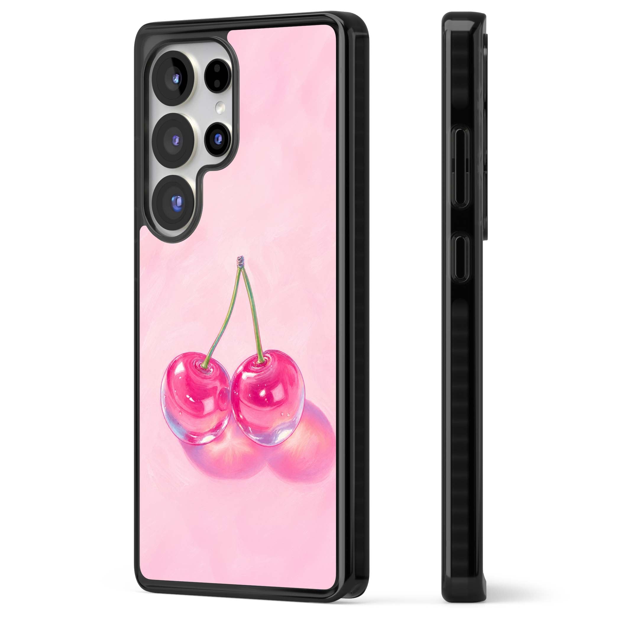 Pink Glass Cherry coquette iPhone case featuring two glossy painted cherries on a soft pink background | Black Impact case for Samsung Galaxy S25 Ultra